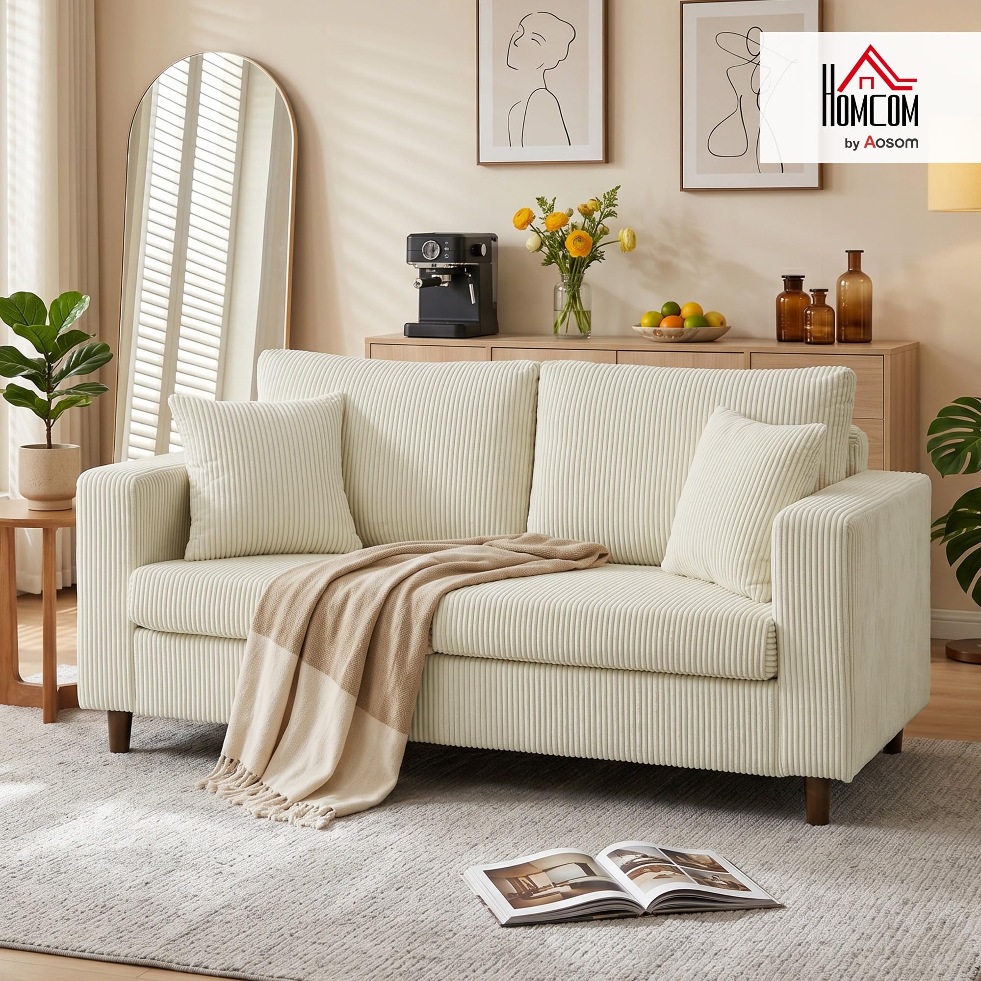 HOMCOM Canapé 2 Places en Velours Côtelé Moderne 170 cm Assise Large Crème