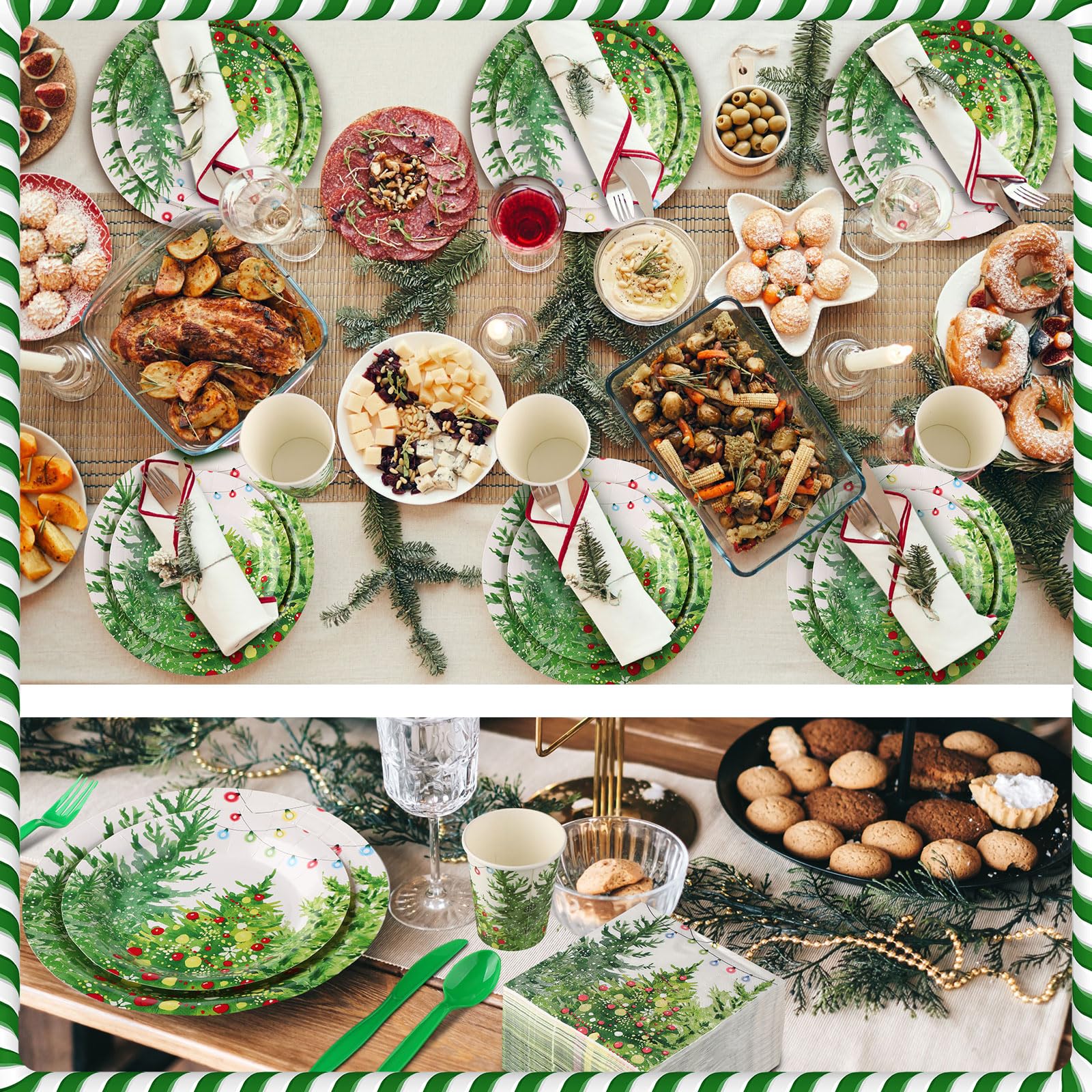 Dandat 400 Pcs Baptism Plates and Napkins Set Christening Party Decorations Baptism Cross Disposable Dinnerware Set for 50 Guests First Communion Party Supplies for Girls (Bulb Lights and Tree)