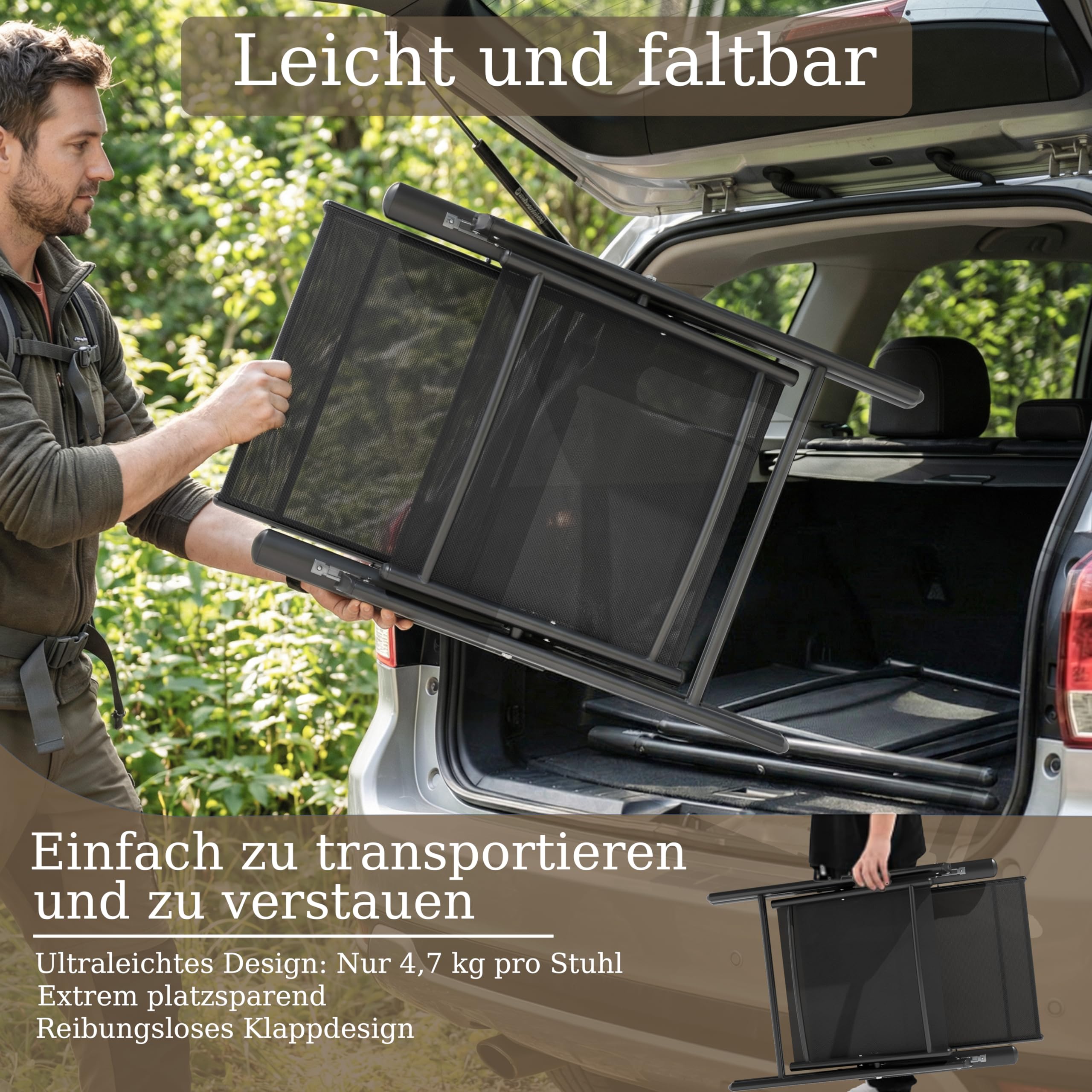 ALAULM Klappbare Gartenstühle 4er-Set, 7-stufig verstellbare Hochlehne & Armlehnen, wetterfestes Textilene, Terrasse Garten Balkon (Schwarz)