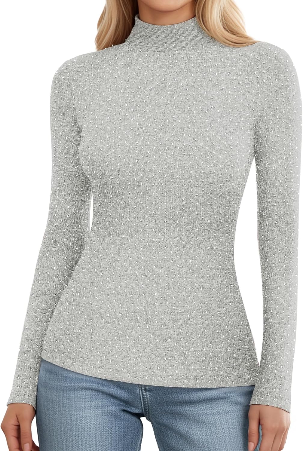 MANGOPOP Women Mock Turtle Neck Long Sleeve Shirts Sparkly Sequin Rhinestone Tops Fall Outfits Fashion Tee Winter Undershirt - Image 2