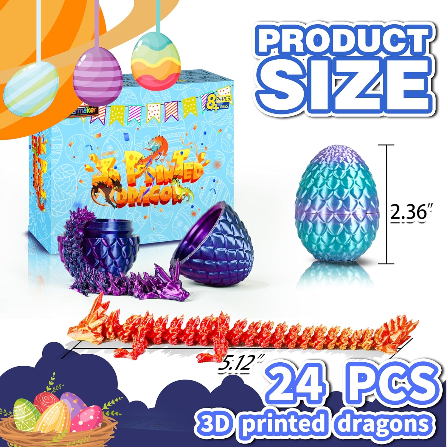 24pcs Prefilled Easter Eggs with 3D Printed Dragon, Magic Toy for Party Favors, Basket Stuffers for Kids, Easter Egg Hunt, Goodie Bag Fillers, Classroom Prize Supplies