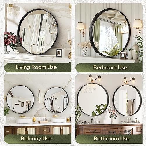 Miniatura 8 de Suidia Espejo de pared, espejo de marco de metal negro de 24 pulgadas, espejo de pared redondo para baño, tocador, sala de estar, entrada, espejo de