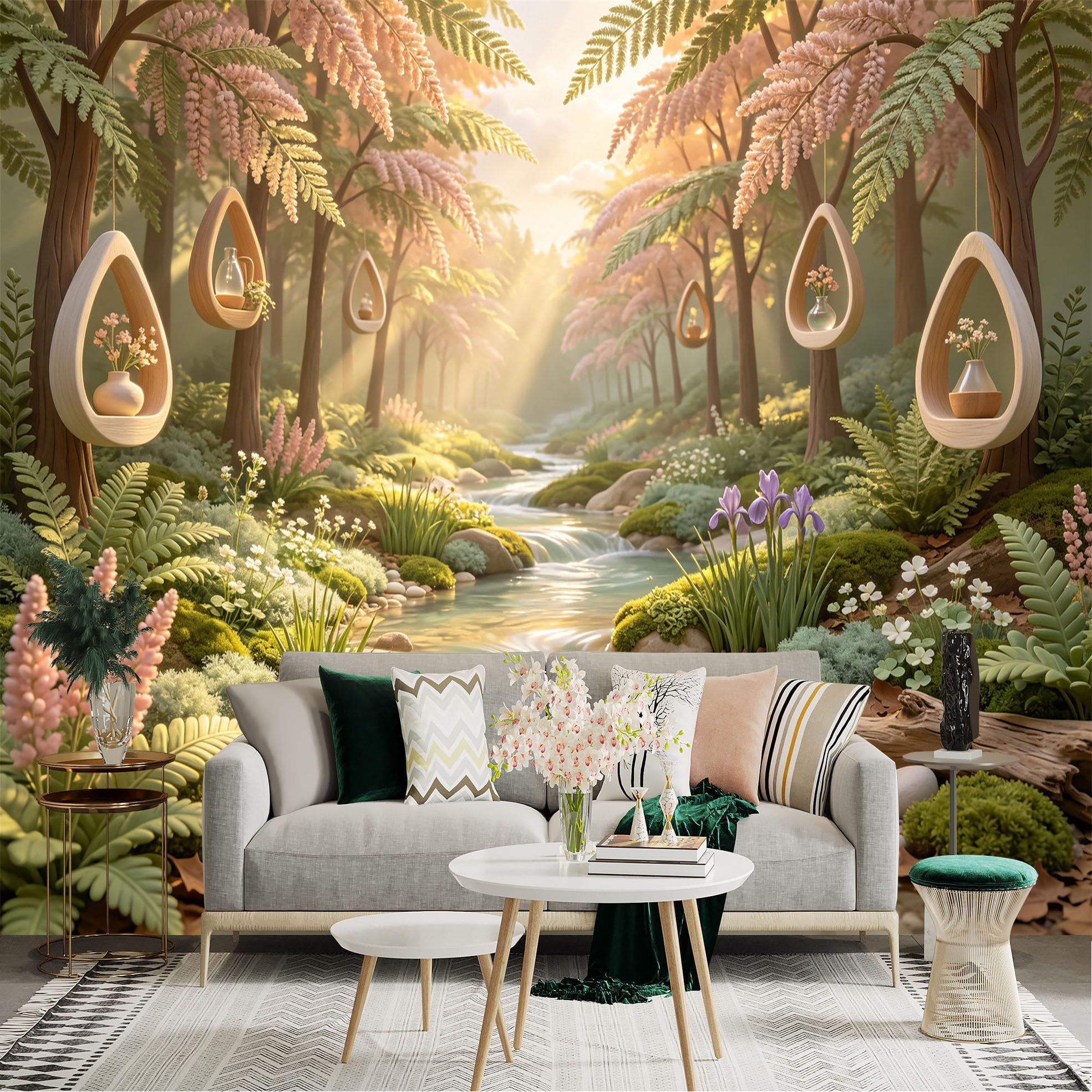 Lnzczhyre Bh260719131 Custom Size Wall Sticker Mural， Enchanted Forest Stream With Hanging Wooden Planters， Sunlight Through Trees， Peaceful Nature Scene， For Wall Decoration， Peelandstick Wall Decals.