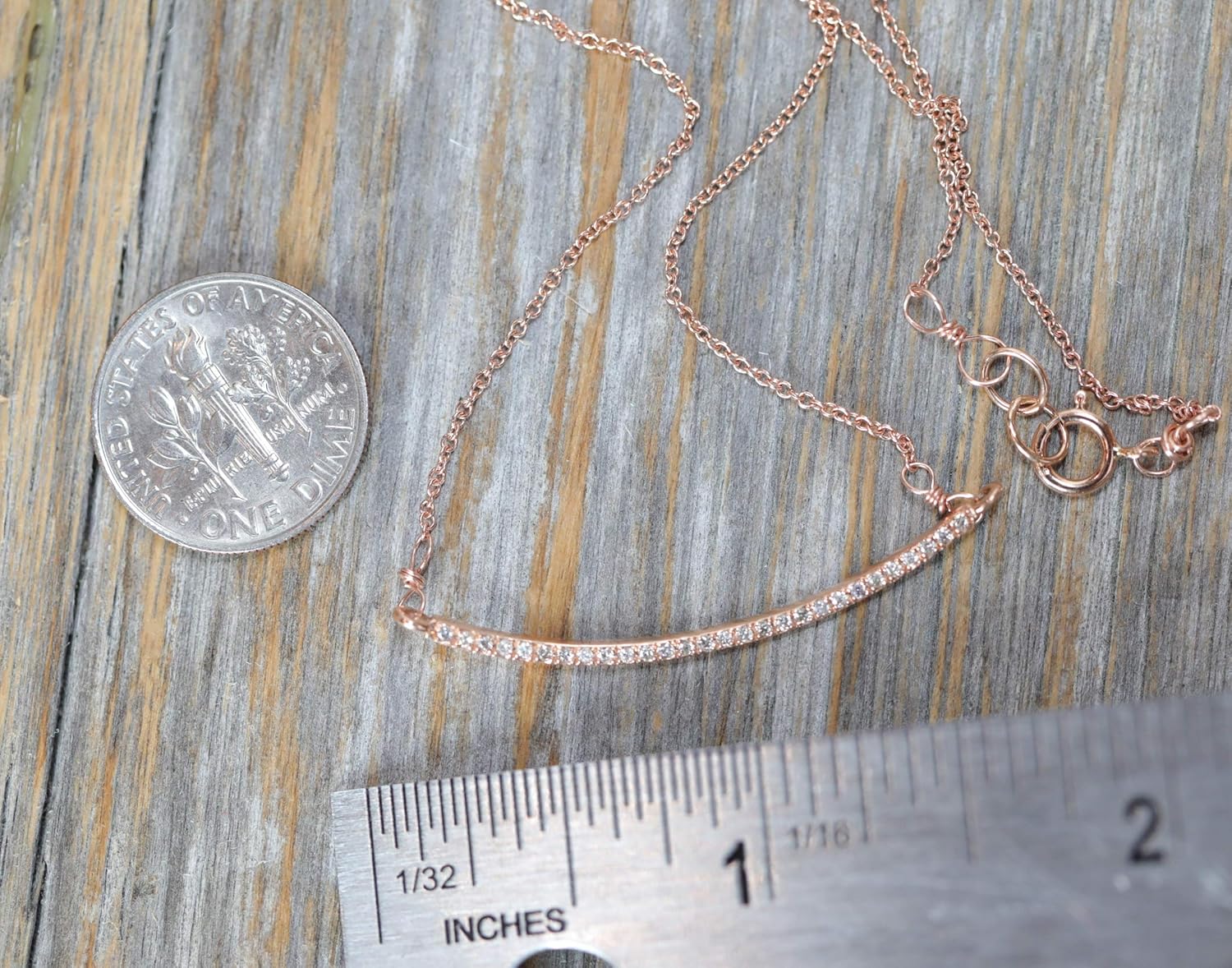14k Rose Gold Curved Diamond Bar Necklace- Genuine White Diamonds- Women's Jewelry- Gift Idea-Wedding - Image 4