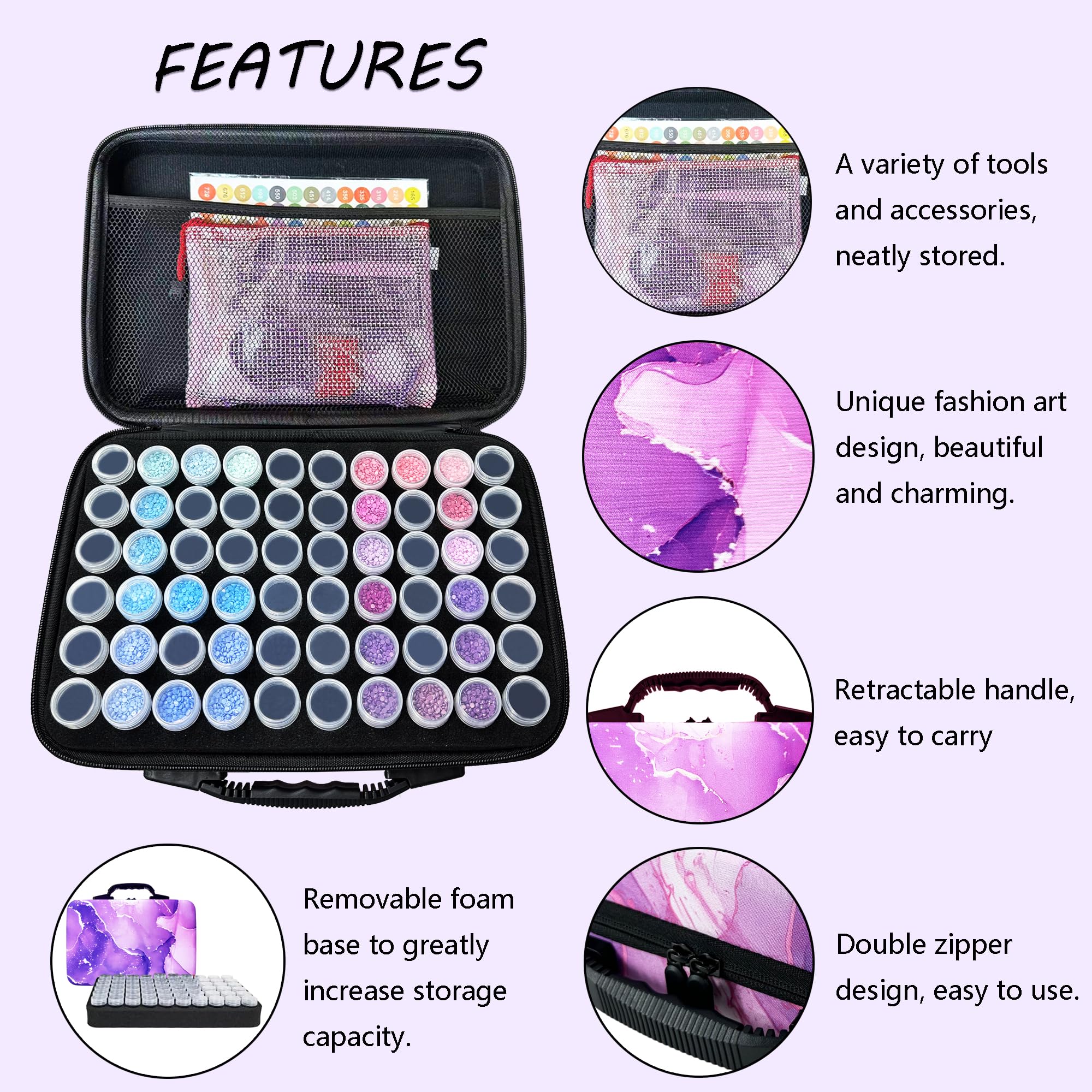 Fokenzary Contenitori per pittura con diamanti, 60 scomparti, kit per pittura con diamanti, accessori e strumenti portatili (violet-lite)