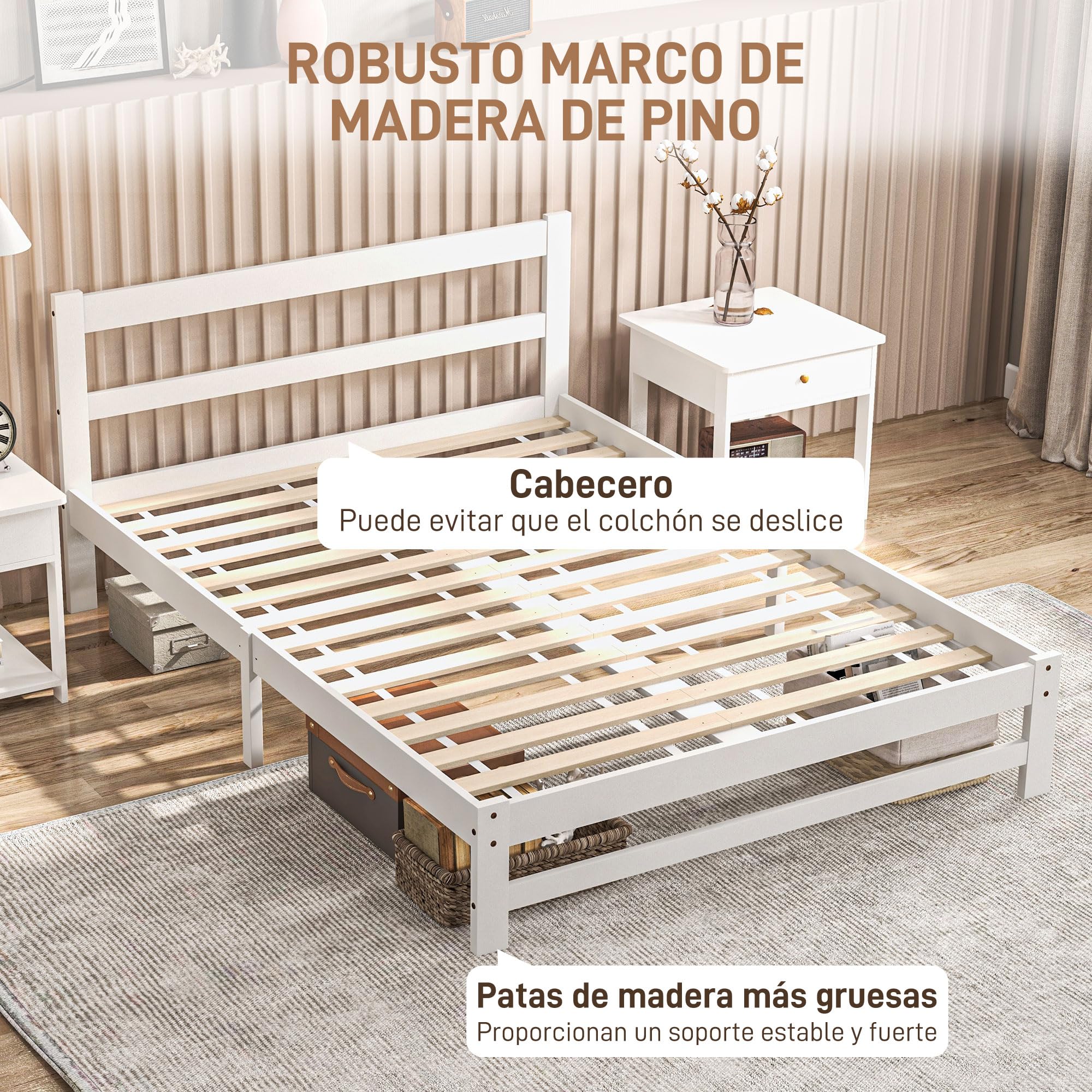 HOMCOM Marco de Cama de Madera con Somier Doble 195x141 cm 300 kg Blanco | Estructura de Cama Doble, para Colchón de 135x190 cm, No Incluido