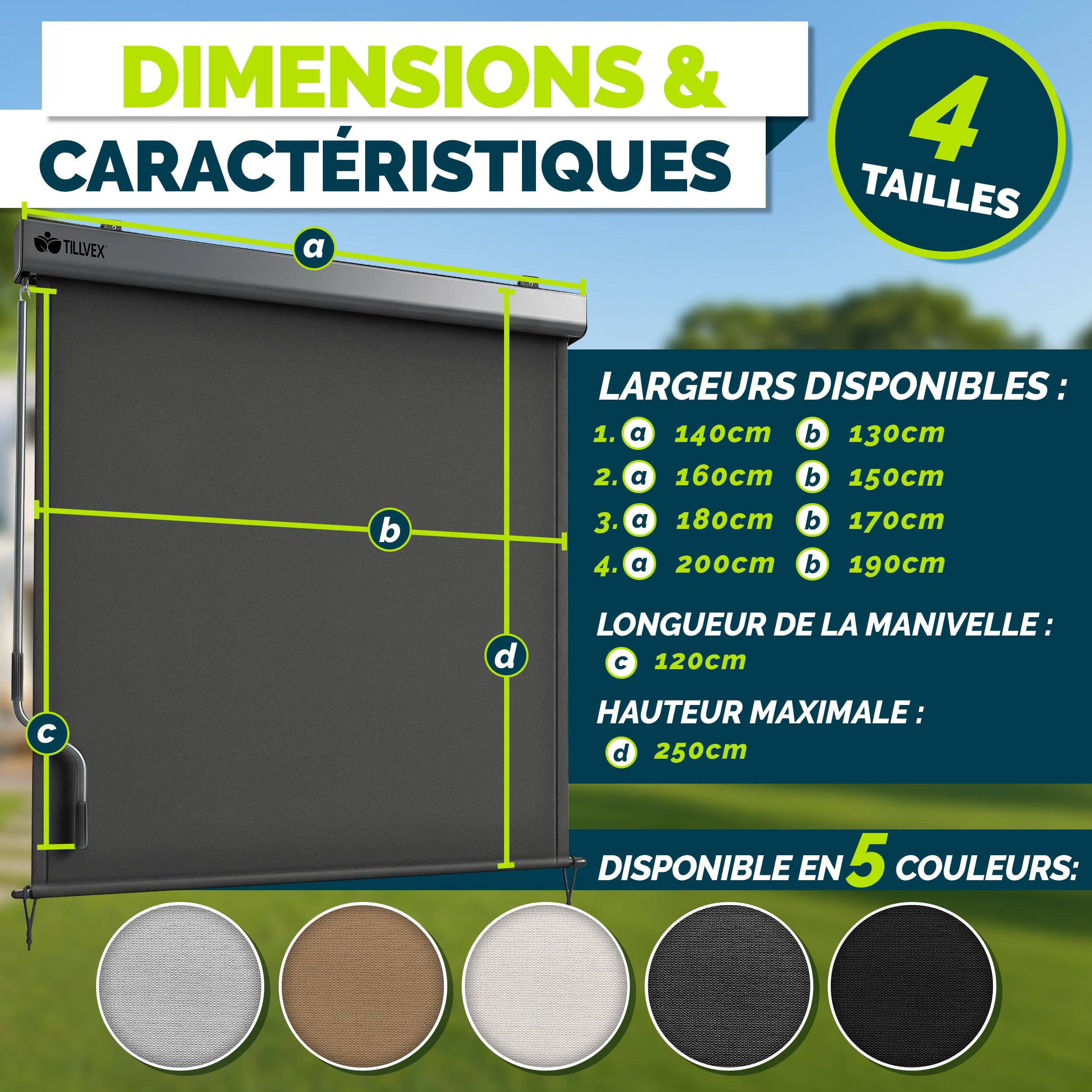 tillvex® Store Vertical pour extérieur et intérieur 180 x 250 cm + Housse de Protection - Store extérieur imperméable avec manivelle pour Balcon, Terrasse et Jardin - Protection Solaire en Aluminium