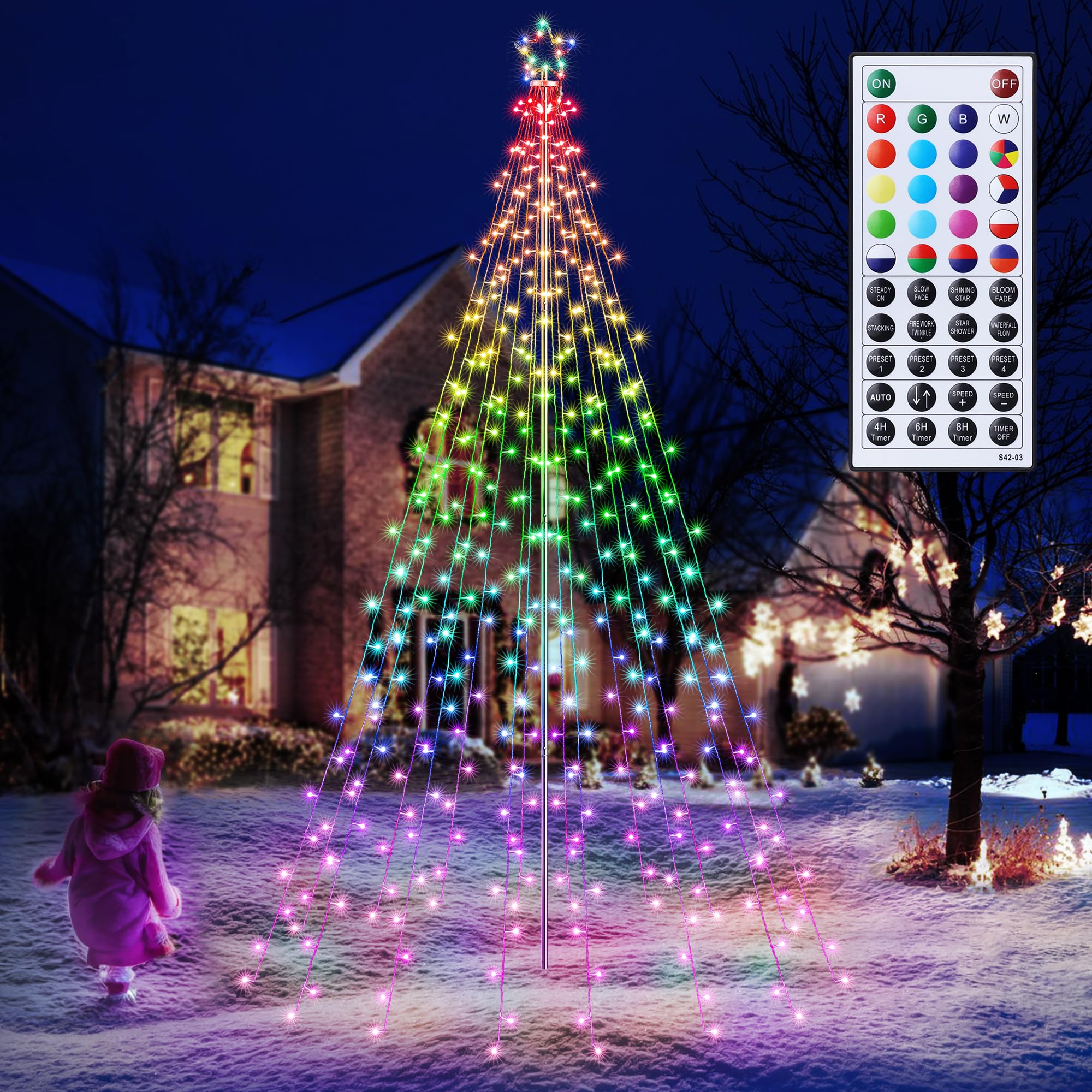 flacchi christmas decorations outdoor star string lights - 408 led 10 ft pole set with remote, color changing rgb multiple lighting modes timer waterproof (cool white & warm white & multicolor)