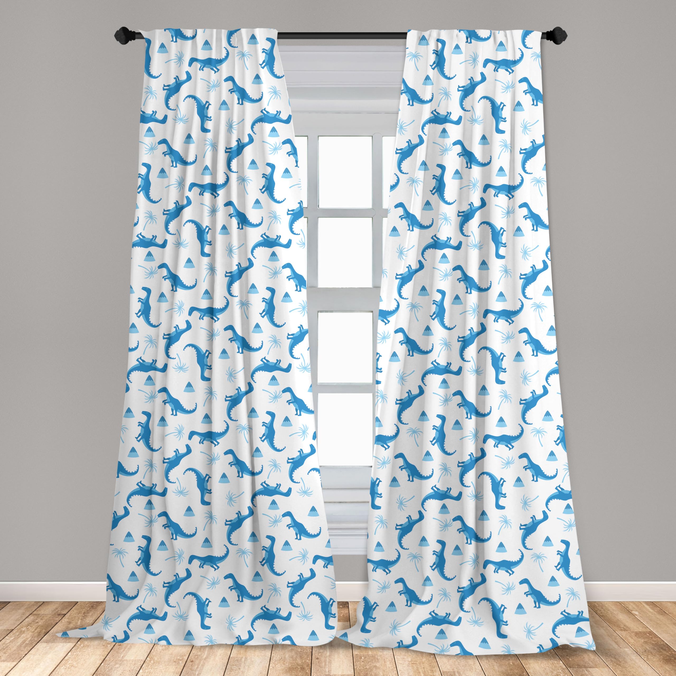 ABAKUHAUS Dino 2 Panel Curtain Set, Monotone Funny Dinosaurs with Palms and Volcano on a Plain Background - Image 2