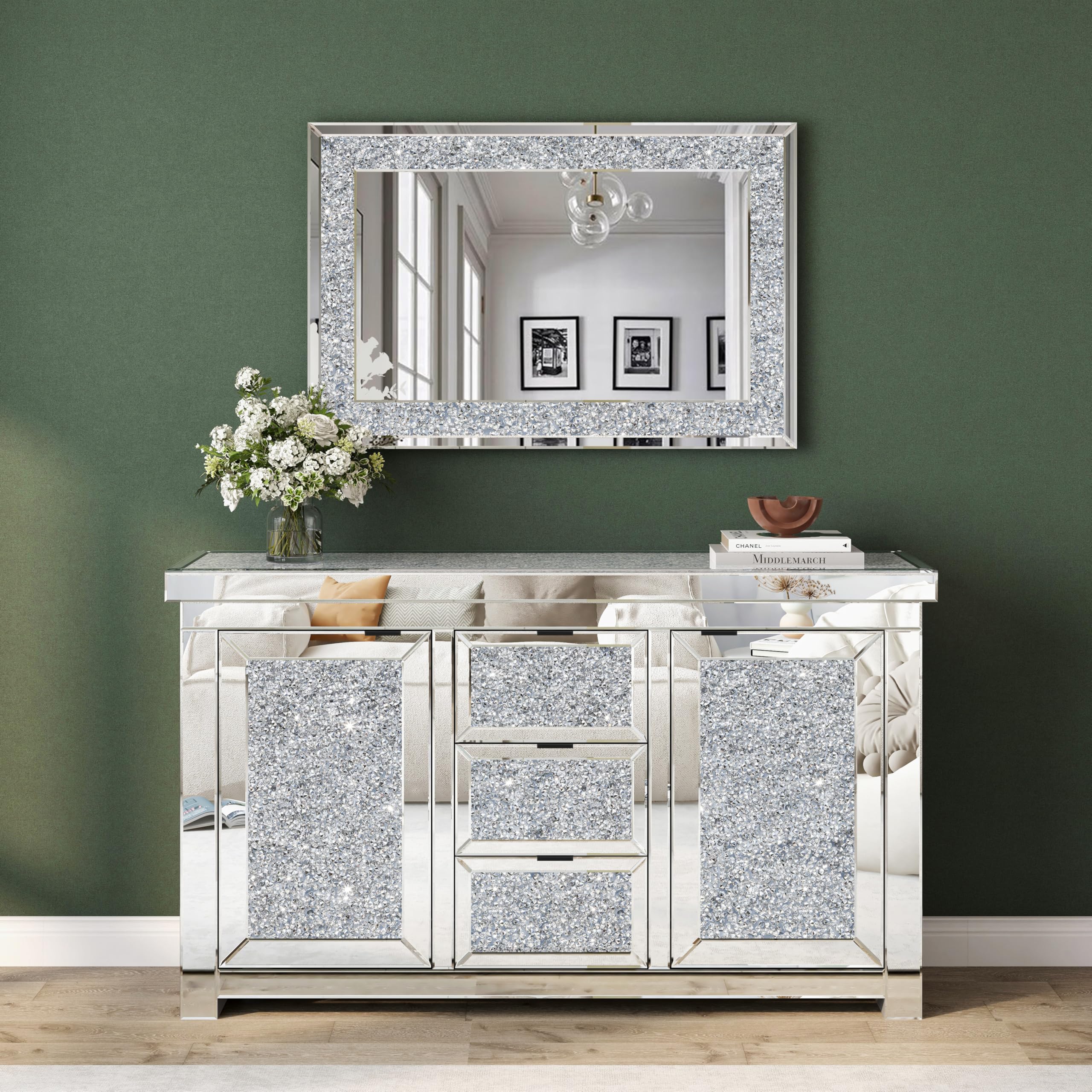 SHYFOY Specchio da Parete Rettangolare | Specchio Decorativo da Parete con Decoro Diamante in Cristallo | Specchio Grande e Lussuoso per Bagno Soggiorno Camera da letto Ingresso | 90 x 60 cm |