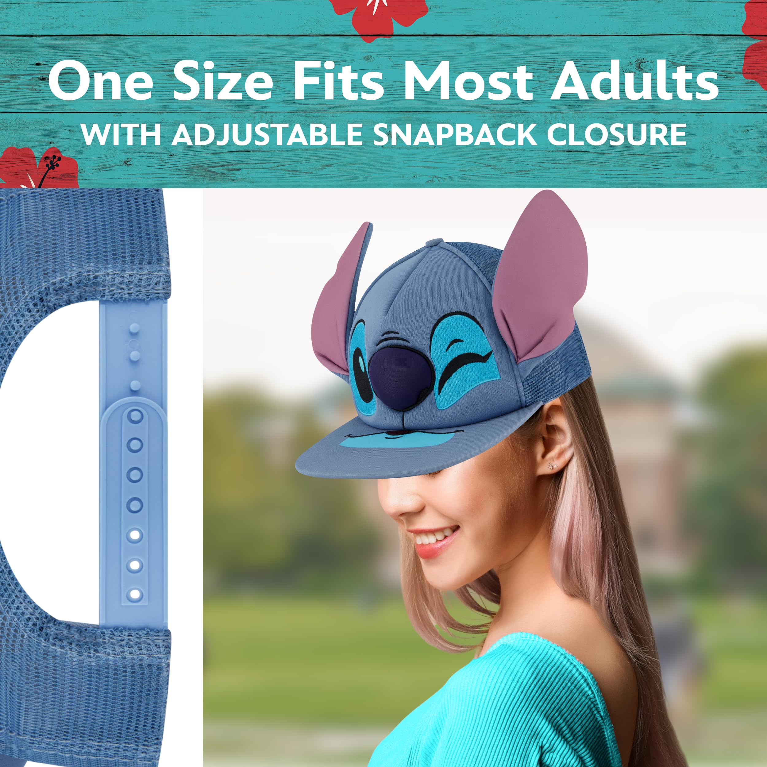 Concept One Czapka bejsbolowa dla dorosłych Disney Stitch Dad Hat, dla dorosłych, z zakrzywioną czapką baseballową, Niebieskie uszy 3D, Rozmiar uniwersalny
