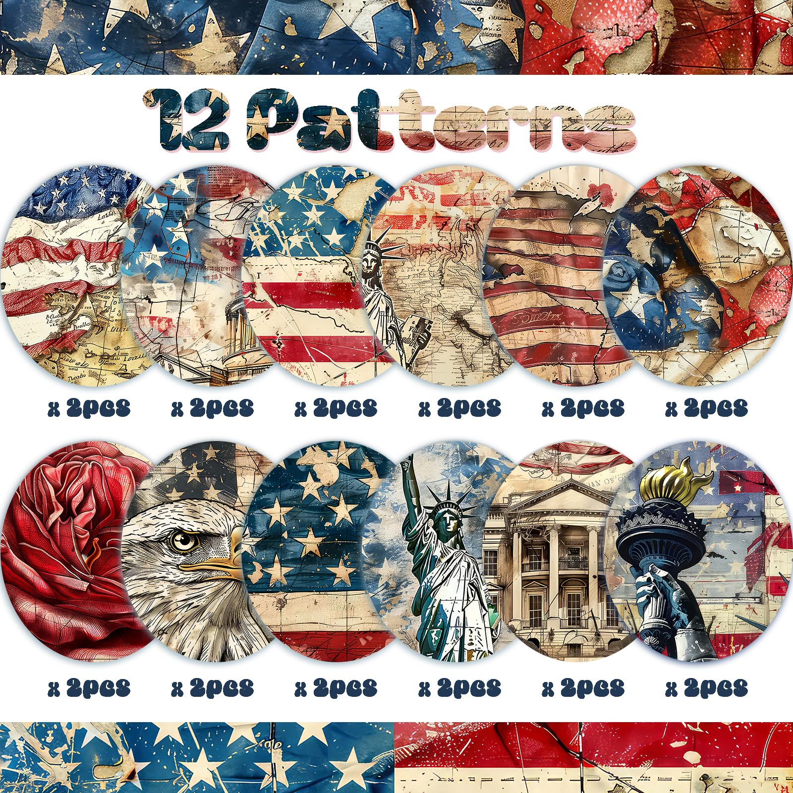 Zestaw 24 arkuszy papieru w stylu retro, patriotyczny, do scrapbookingu, 30 x 30 cm, czerwone i niebieskie gwiazdki, papier rzemieślniczy, składany na płasko, do tworzenia kart, scrapbookingu