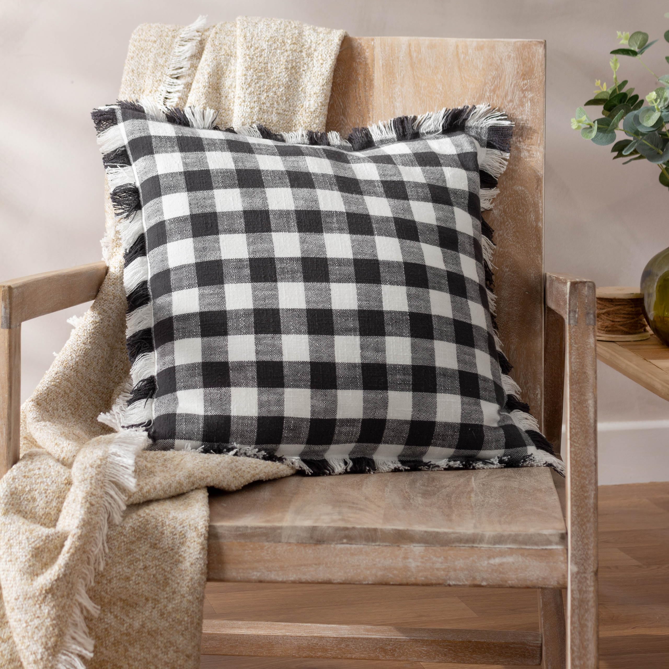 Yard Barton Check Fringed Feather Rich Cushion from B&Q