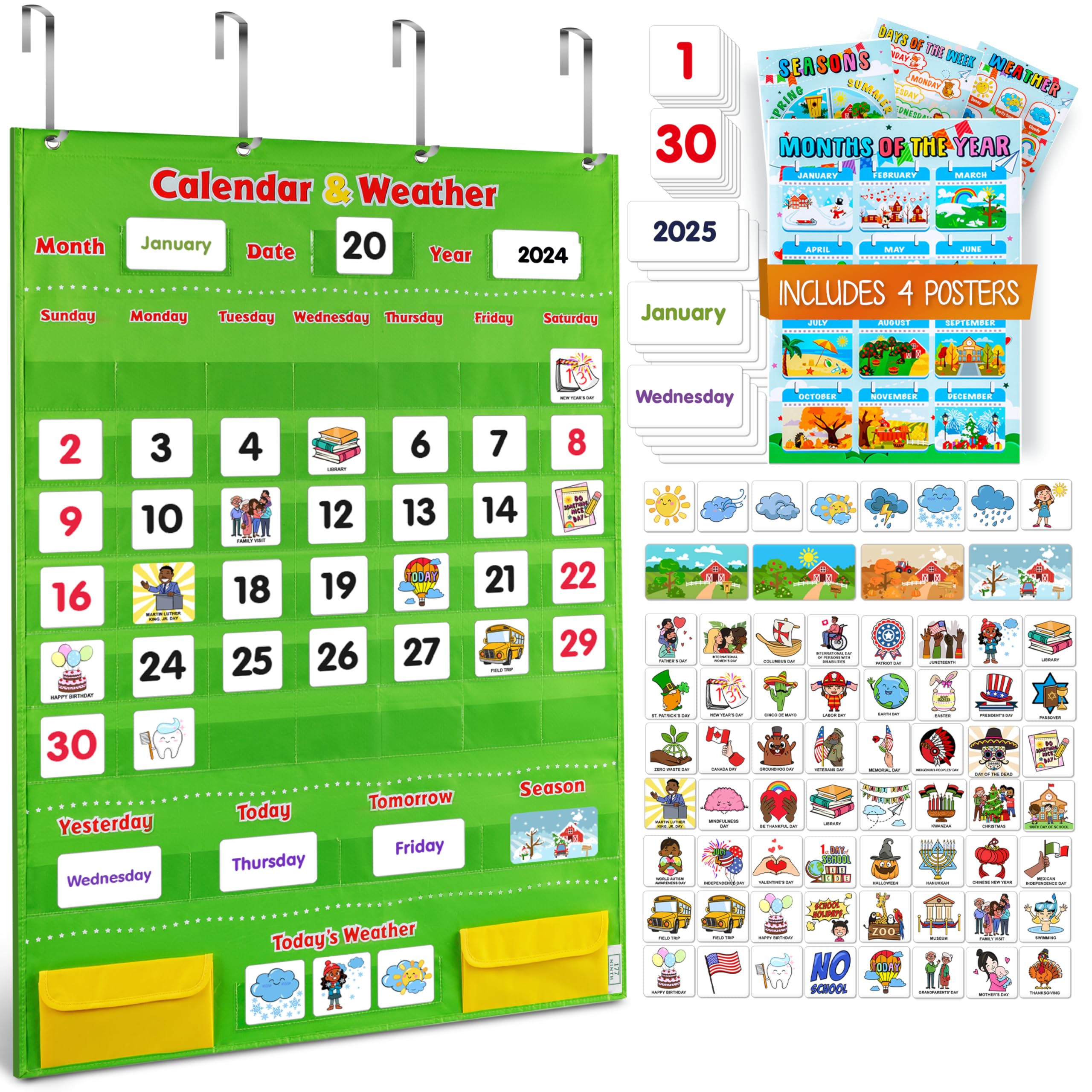 Calendar and Weather Pocket Chart - Includes 4 Exclusive Posters & 142 Cards - Kids Calendar for Classroom and Homeschooling - Calender Pocket Chart by 177 NINTH