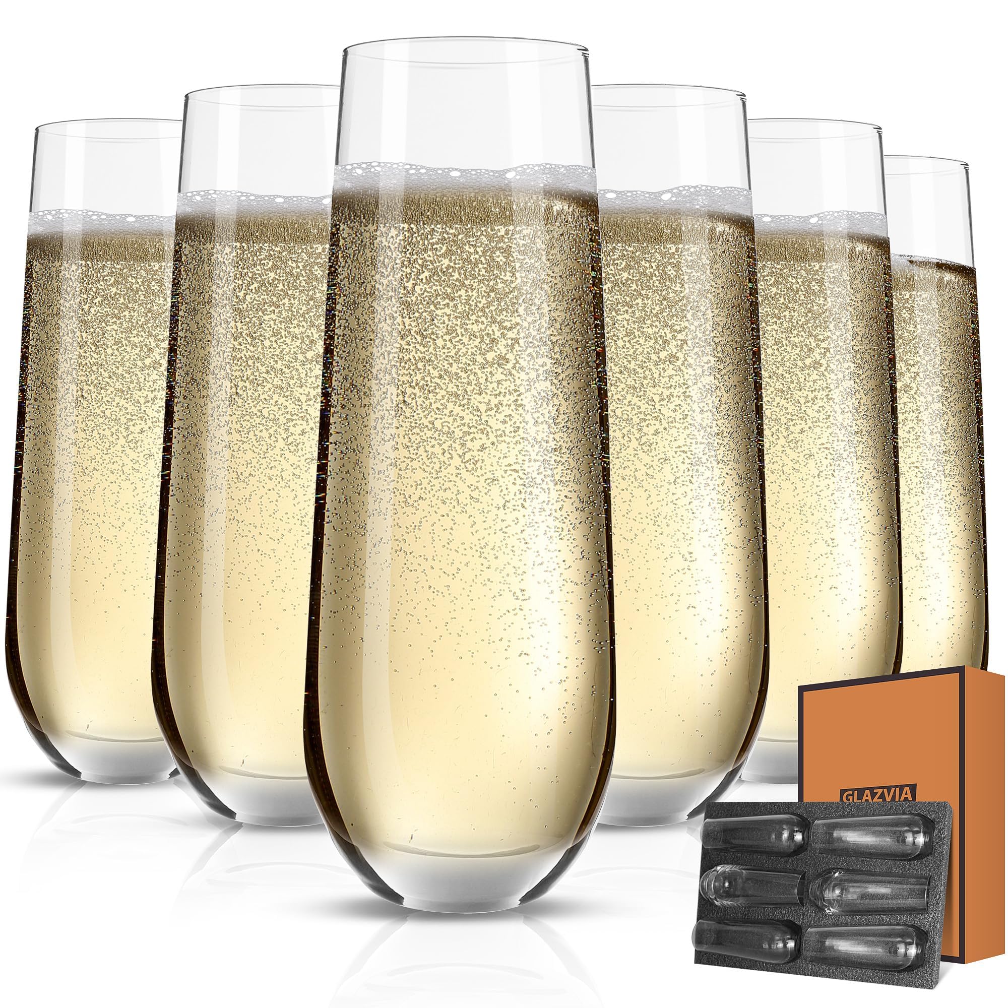 GLAZVIA Stemless Champagne Flutes Glasses Set of 6,285ml Elegant Crystal Champagne Glass, Classic Clear Flute Gift for Wedding, Anniversaries, Parties, Birthday, Restaurant, Home Bar