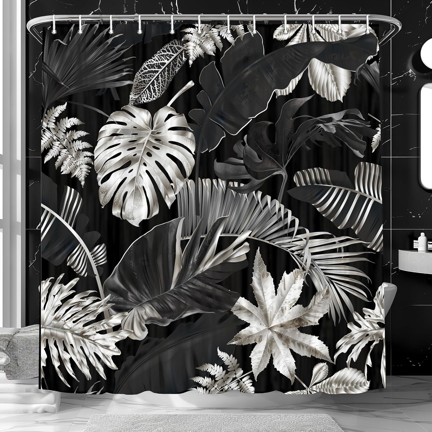 JAWO Tropical Leaves Shower Curtain, Watercolor Botanical Plant Palm Monstera Banana Leaf Decorative Shower Curtains, Polyester Fabric Waterproof Bathroom Shower Curtain Sets with 12 Hooks