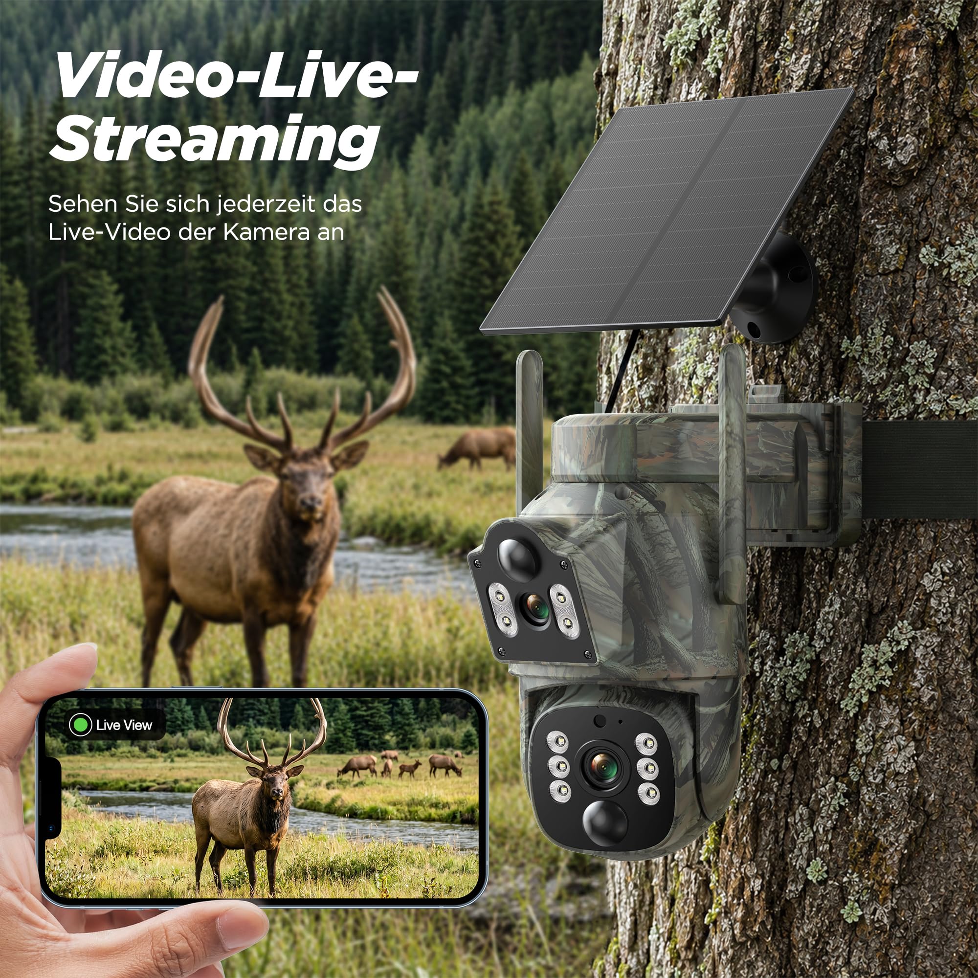 VOOPEAK 4G LTE Wildkamera mit SIM-Karte, Dual-Objektiv, 2K Livebild, Solar