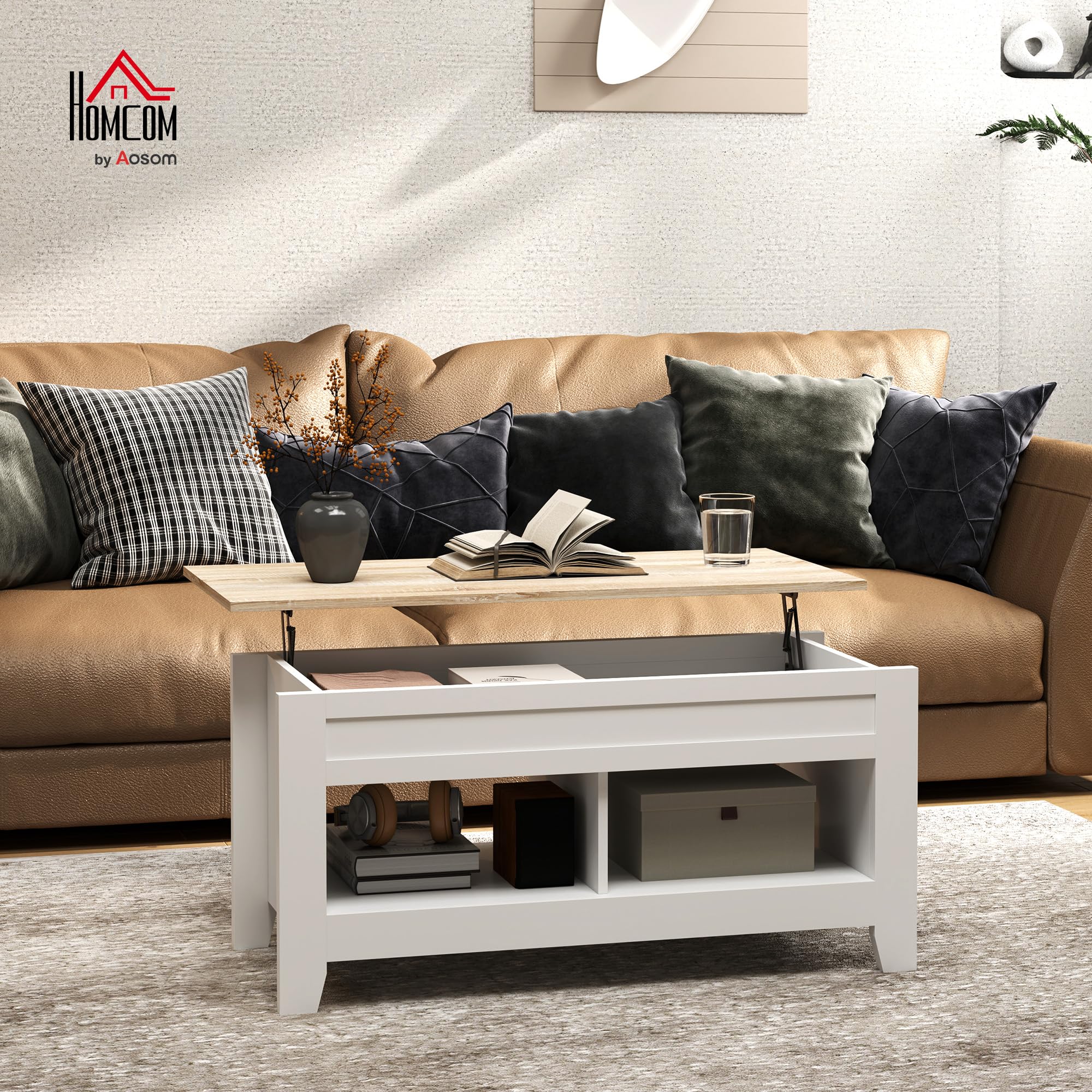 HOMCOM Mesa de Centro Elevable Mesa de Café con Encimera Elevable 2 Compartimentos Abiertos y Espacio Oculto de Almacenaje 105x50x49 cm Blanco y Natural
