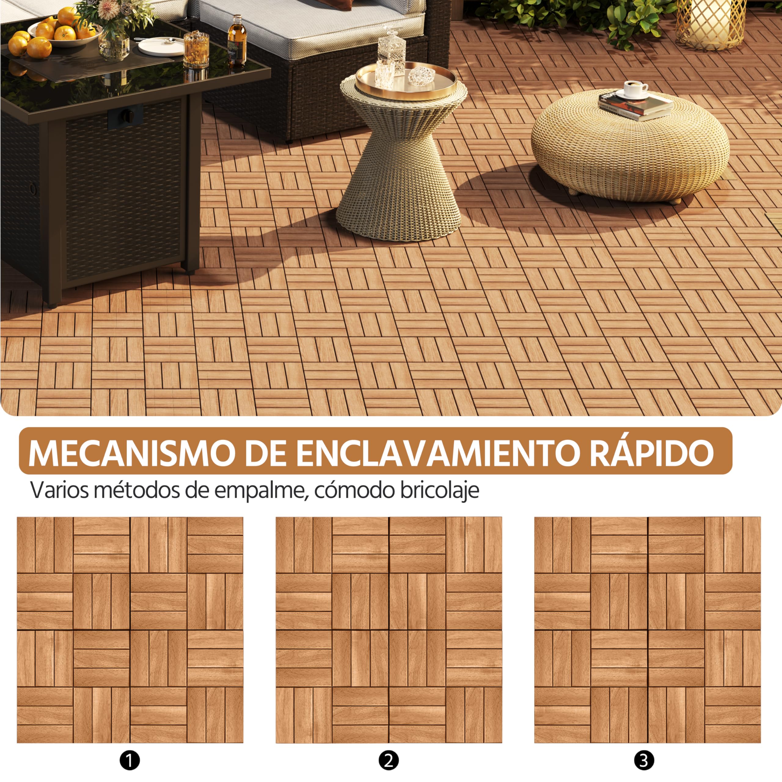Yaheetech 27 Piezas Baldosas de Madera de Acacia 30x30cm /2,6 m² Suelo Terraza Exterior Azulejos de Entrelazados para Jardín Balcón Jardín Patio Antideslizante