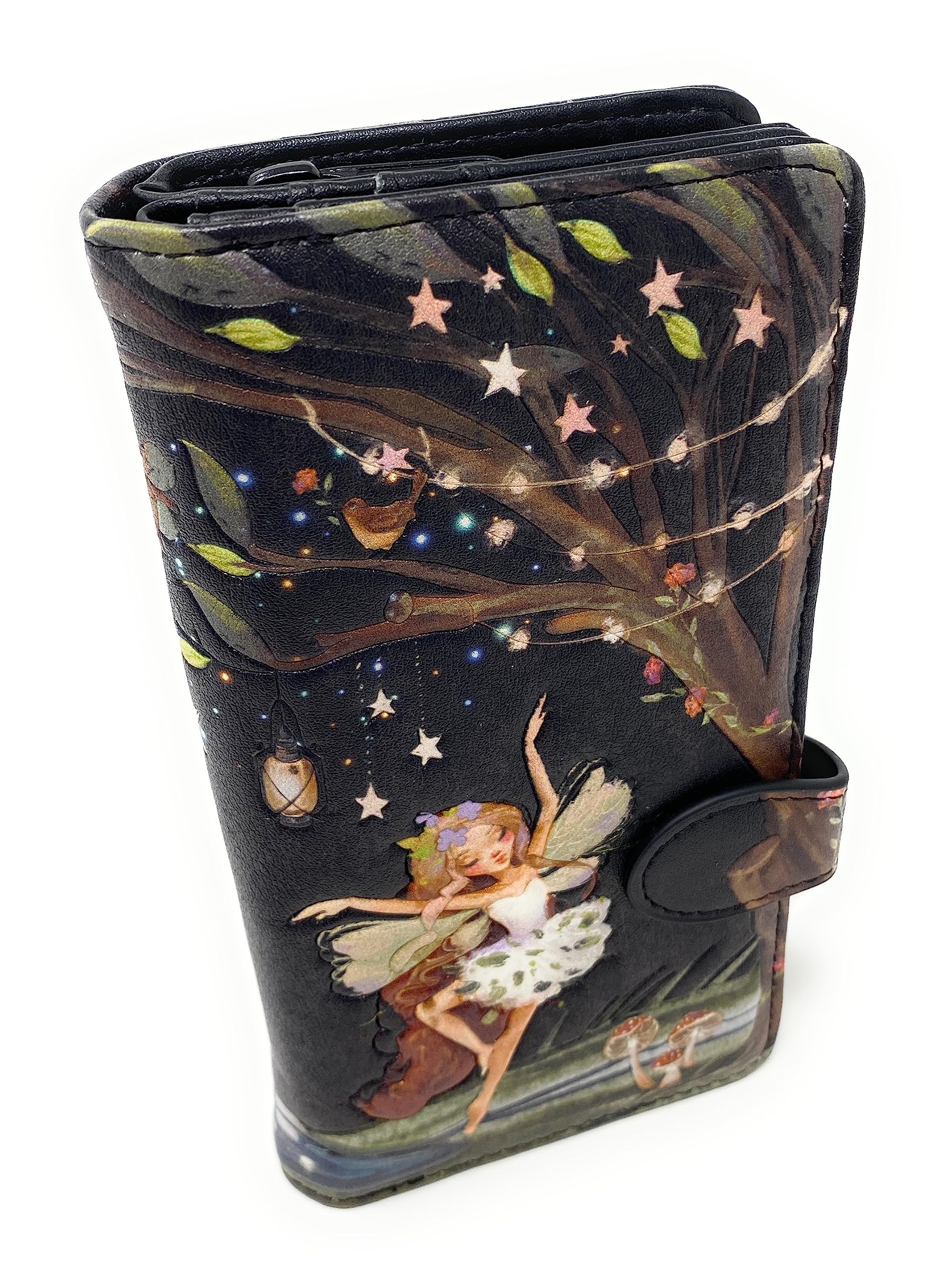 Shag Wear Fairy Forest Große Damengeldbörse, veganes Kunstleder Bifold mit Kartenfächern, Geldscheinfächern und sicherem Schnappverschluss in Schwarz 17,8 cm
