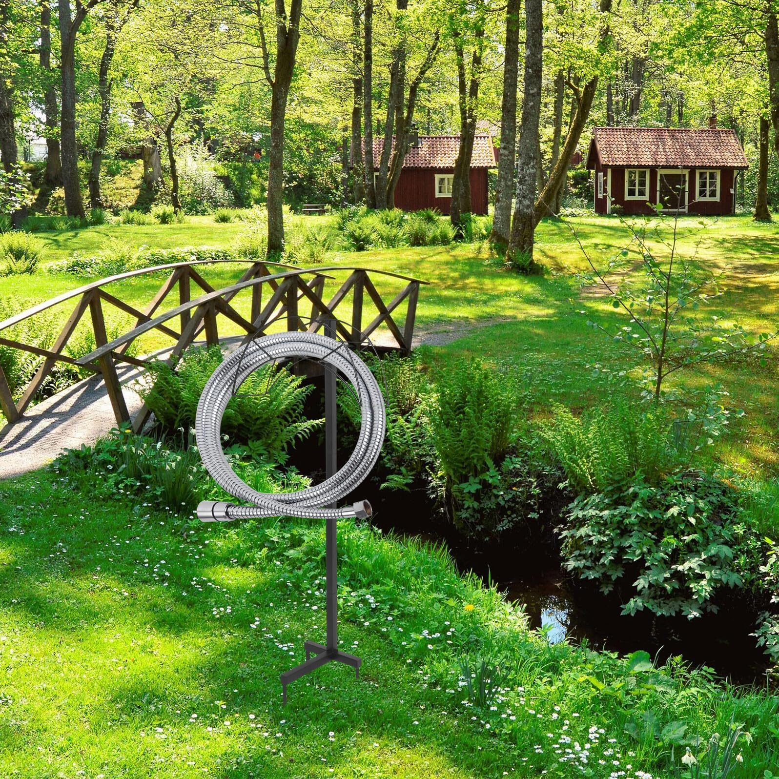 Soporte para manguera de jardín estante de almacenamiento de tuberías de agua Apuesta por soporte de manguera de jardín de metal hierro forjado Negro