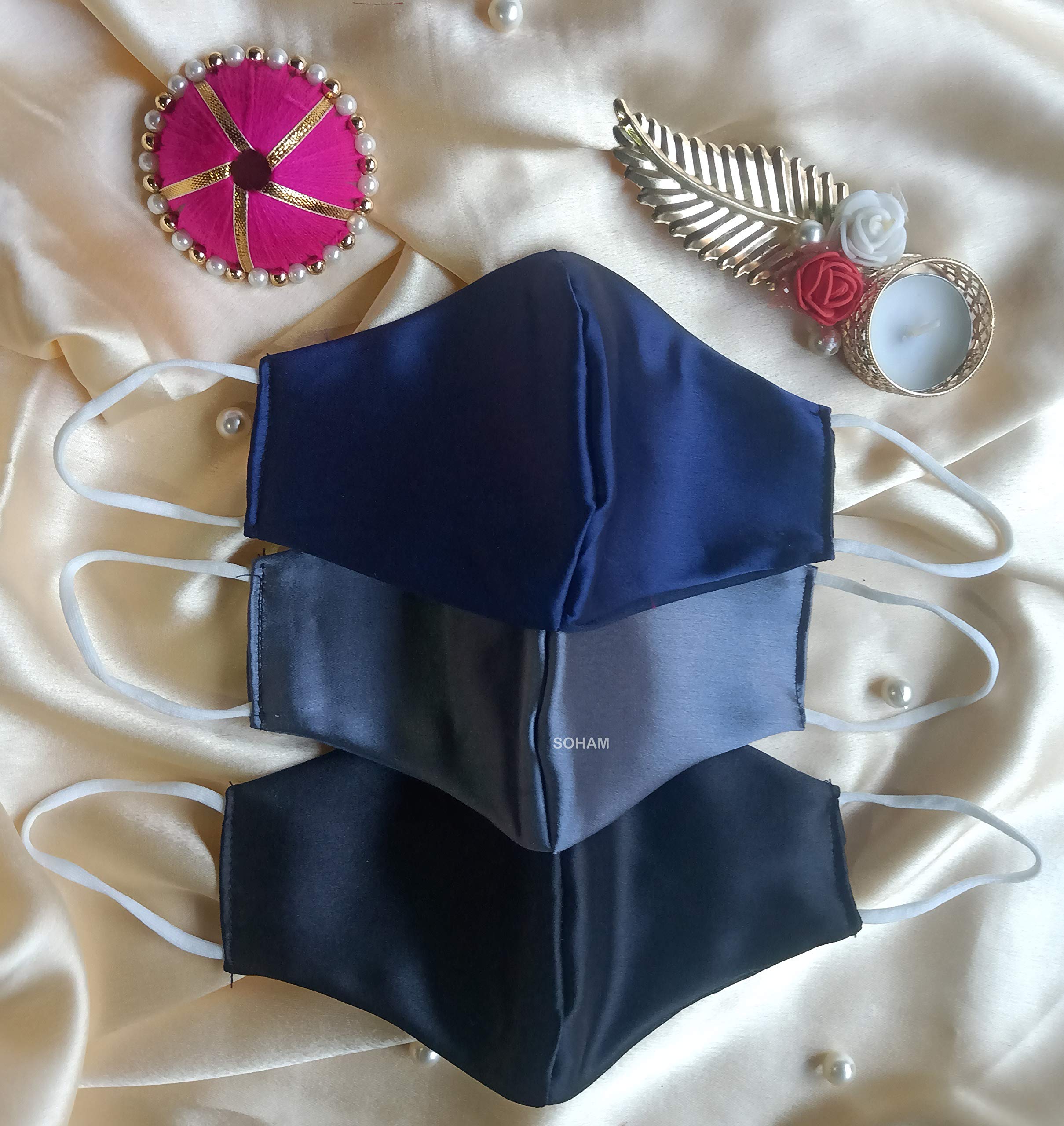 SOHAM SHREE ᵀᴹ : SATIN Cloth Fashion Face Mask - Washable Light Weight Satin-Cotton Masks for Adult | Multi Purpose Matching Color Designer Mask (Blue-Black-Gray)-image-42