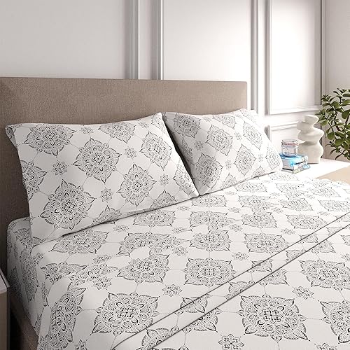 Miniatura 2 de Color Sense Sábanas ricas de algodón percal para hotel, sábanas de tamaño Queen color gris damasco, resistentes a las arrugas, cepilladas para mayor