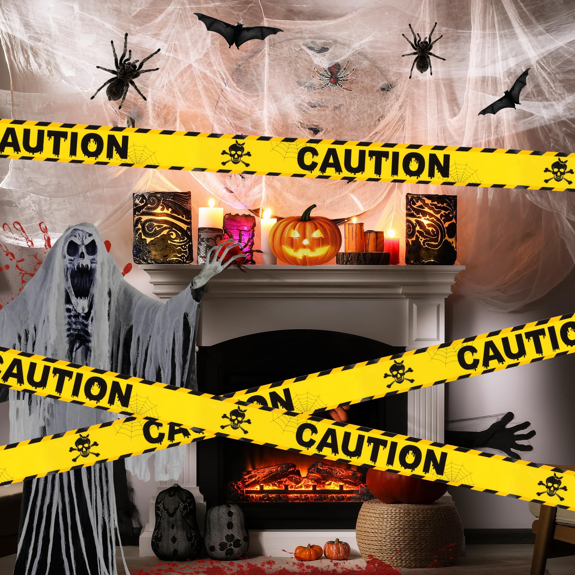DISHIO Halloween Decoration Caution Tape, 1.9inx90ft Warning Caution Tapes Roll Hazard Warning Tape, Indoor Outdoor Halloween Decor, Yellow Warning Tape with Skeleton Design for Halloween Decorations