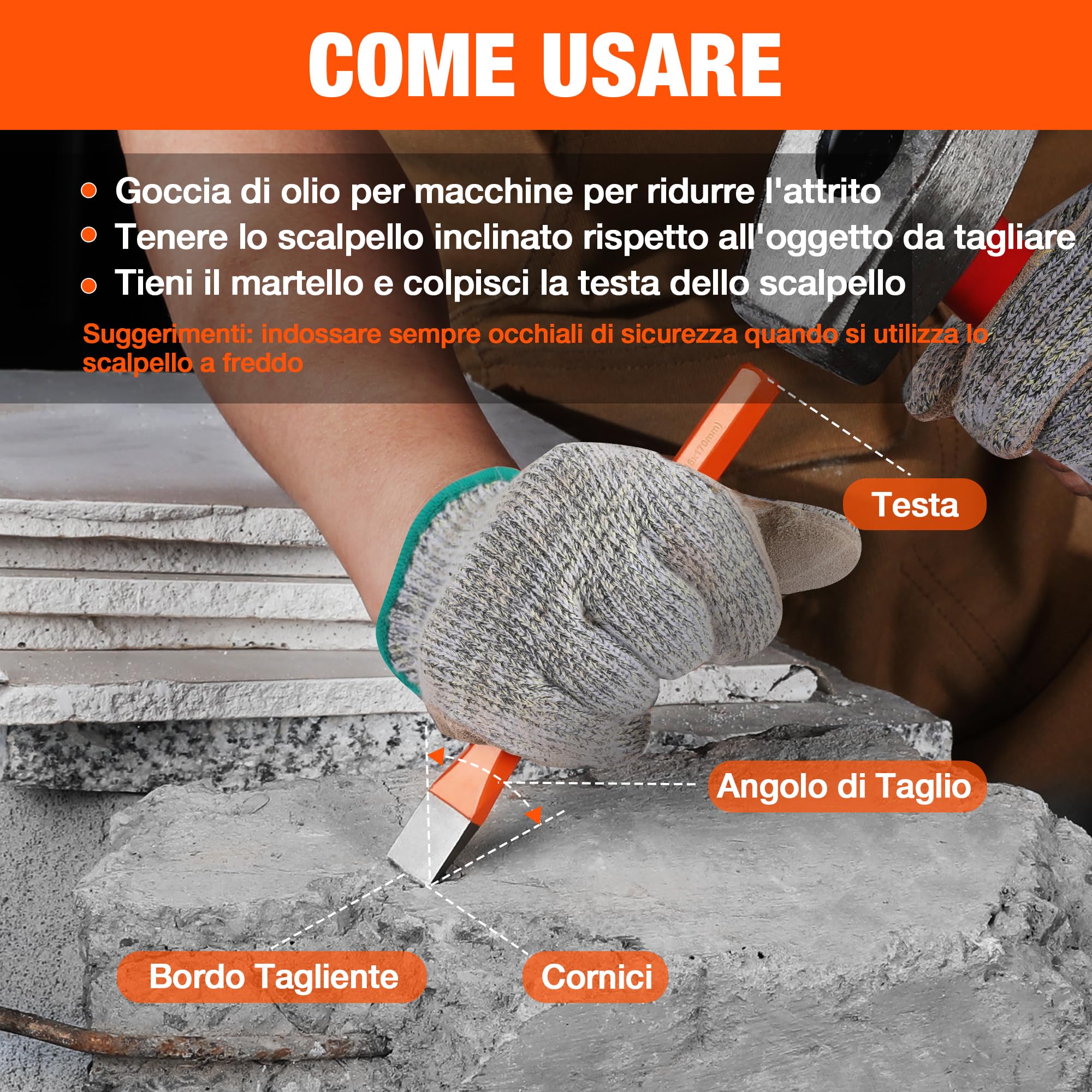 ValueMax Set di Scalpelli da 3 Pezzi, Scalpello Piatto in Acciaio Cr-V, Scalpello a Freddo (10 mm, 12 mm, 16 mm), per Roccia/Pietra/Muratura/Cemento/Malta/Edilizia