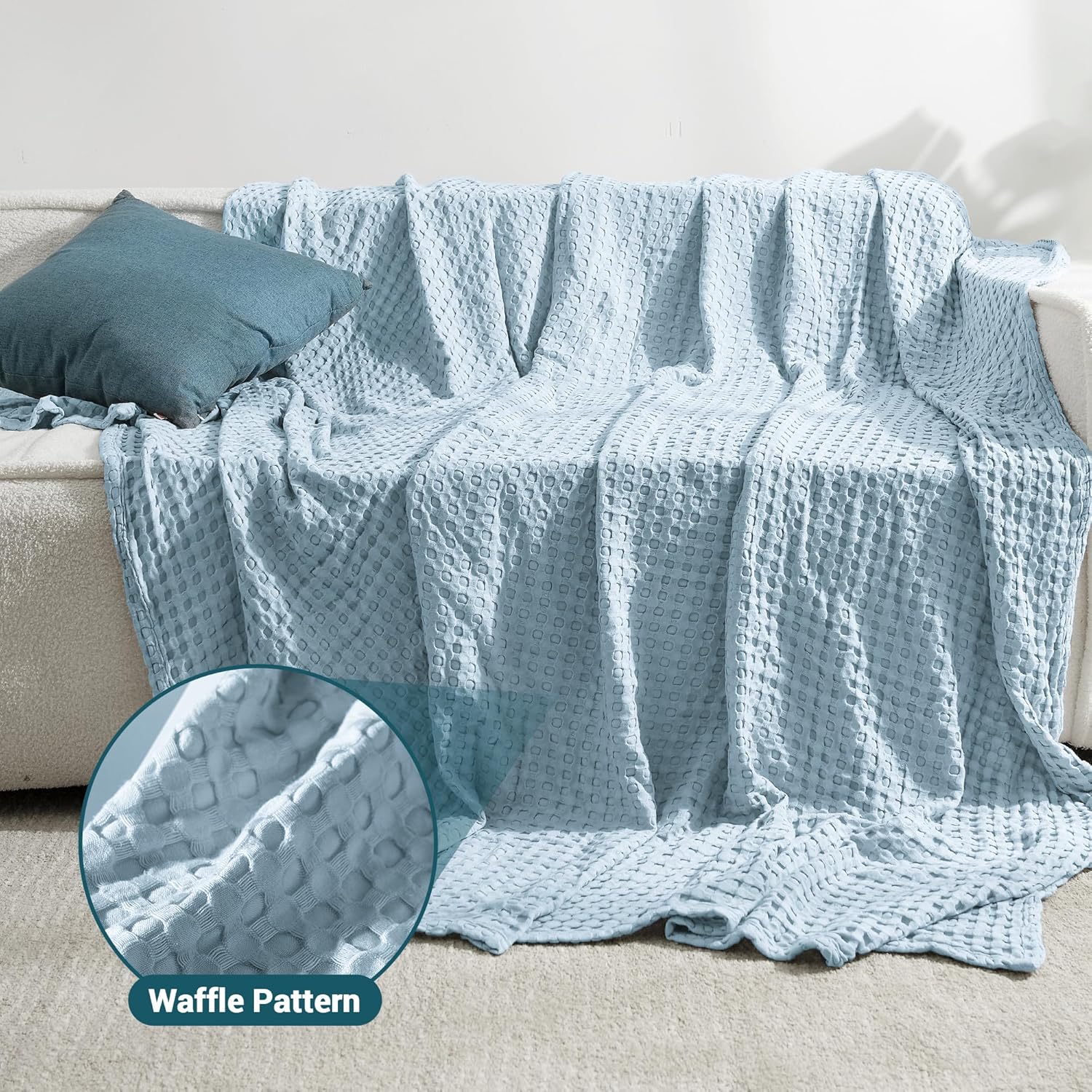 Aganear Waffle Blanket - Lightweight Breathable Summer Blanket of 50% Cotton and 50% Rayon Derived from Bamboo for Hot Sleepers Luxury Throws for Bed, Couch and Sofa,Blue,90x90 Inches - Image 7