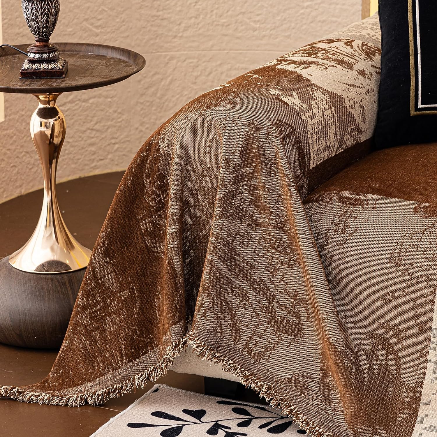 DREAMINGO Vintage Boho Couch Cover Abstract Farmhouse Style Sofa Covers Brown Beige Patchwork Couch Cover Blanket Multi-Texture Chenille Loveseat Covers Washable Furniture Protector 71"x118"