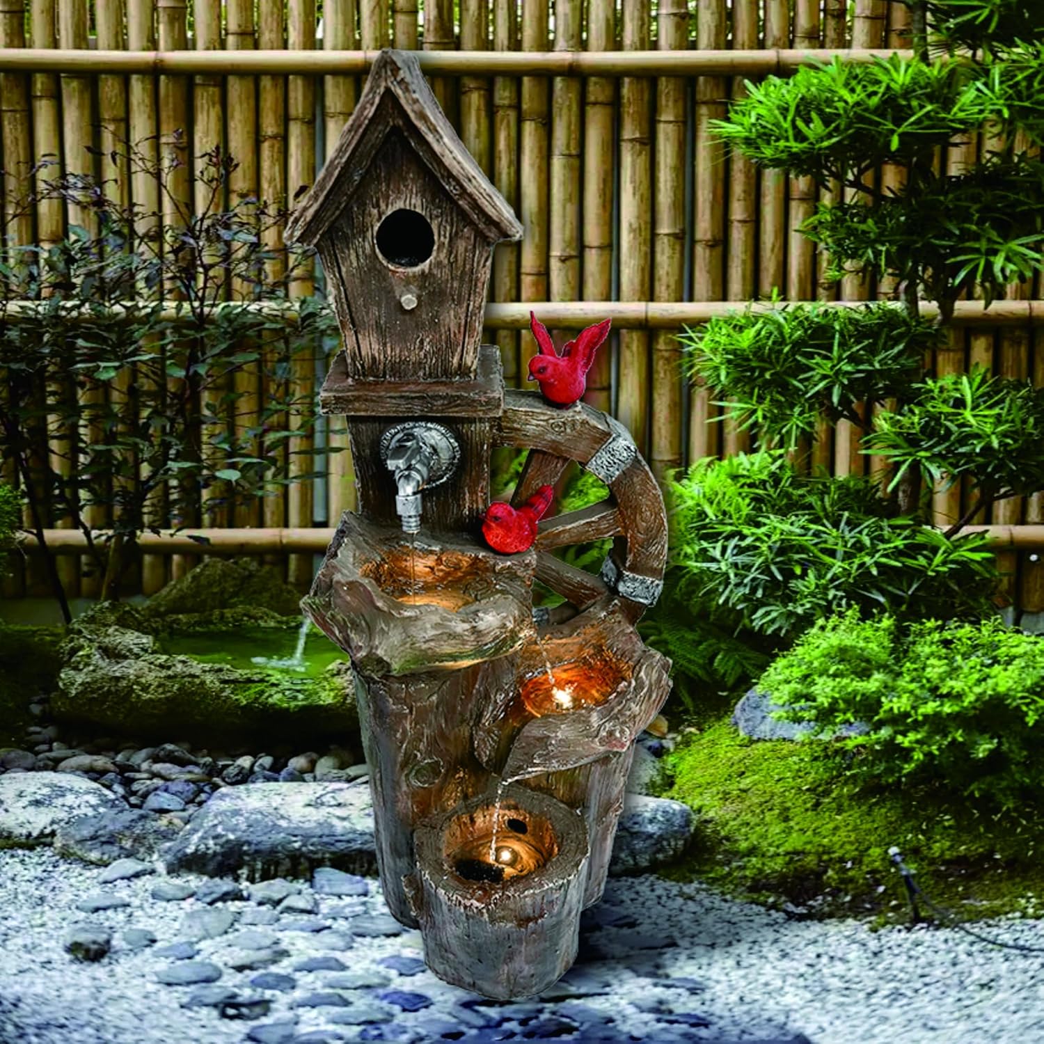 Decorative Garden Birdhouse Three Tier Water Fountain Outdoor with LED Lights and Water Wheel Decorative Garden Birdhouse Three Tier Water Fountain Outdoor with LED Lights and Water Wheel