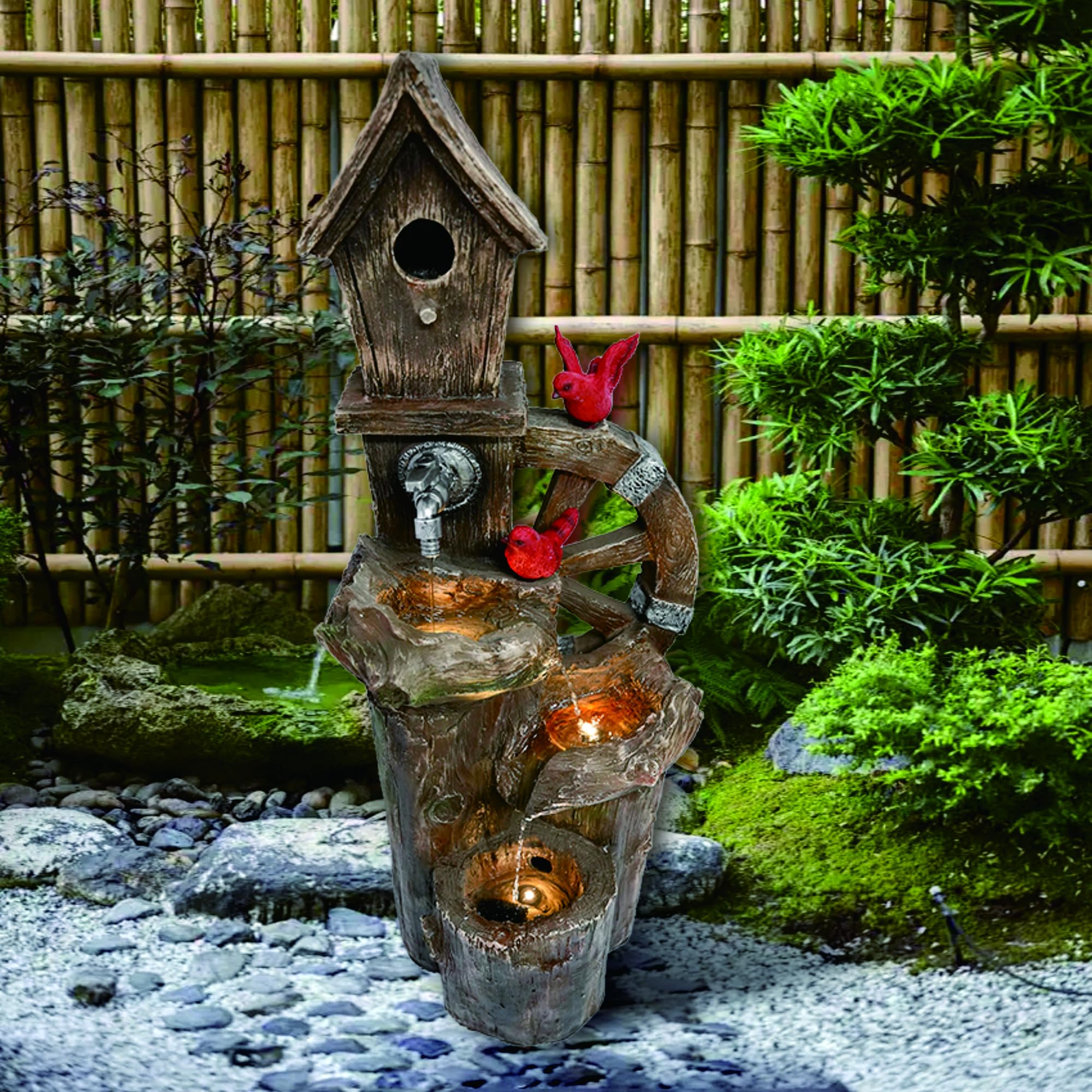 Decorative Garden Birdhouse Three Tier Water Fountain Outdoor with LED Lights and Water Wheel
