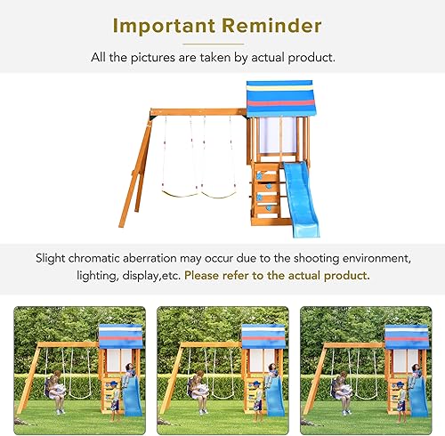 Miniatura 7 de Juegos de columpio 3 en 1 para exteriores con tobogán, 2 columpios y escalador, juego de madera al aire libre para jardín, patio trasero y parque