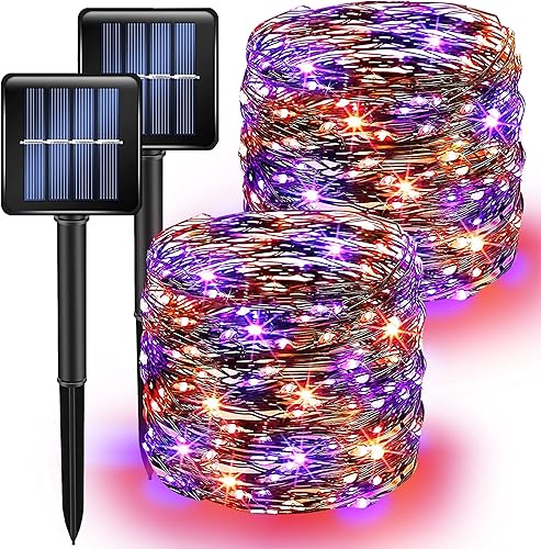 Luces solares de Halloween moradas y naranjas para exteriores, total de 80 pies, 240 luces LED solares impermeables, 8 modos, luces de alambre negro