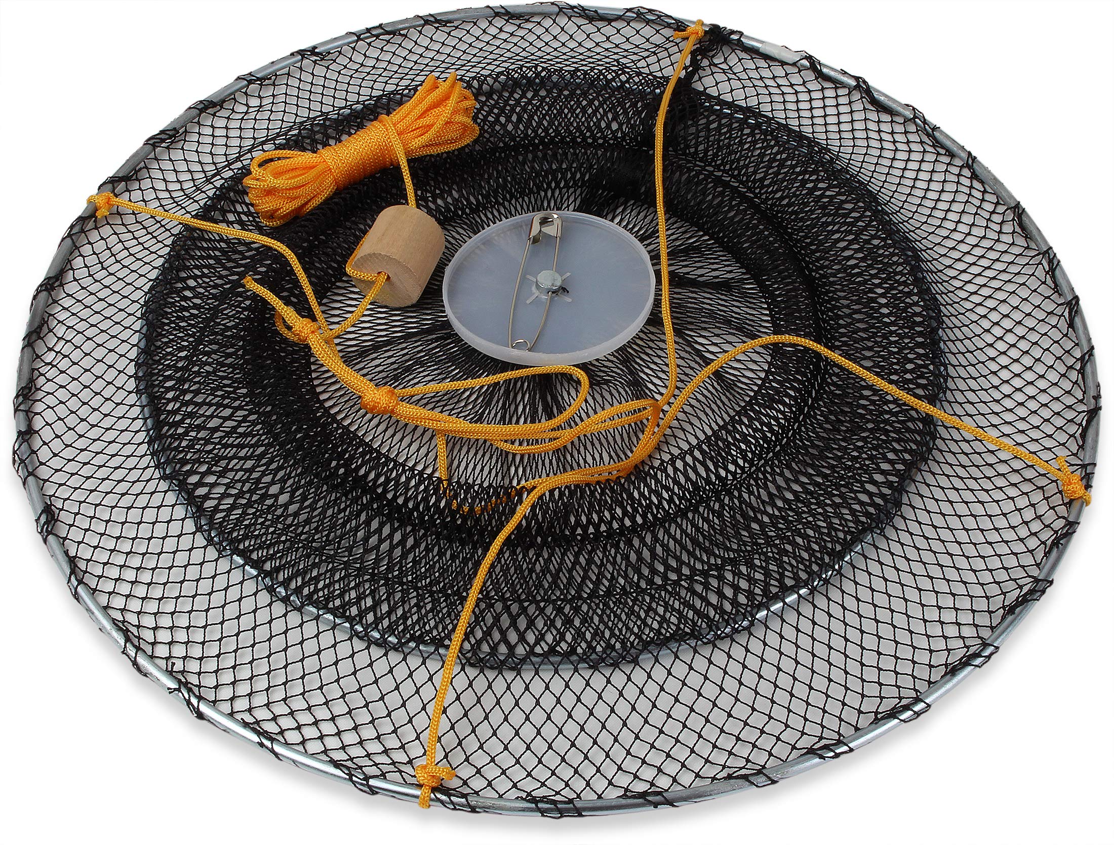 Storfisk fishing & more Krebsteller Krebsreuse Krebskorb mit Metallringen, Ködernadel, 4 m Nylonseil und Holz-Auftriebkörper