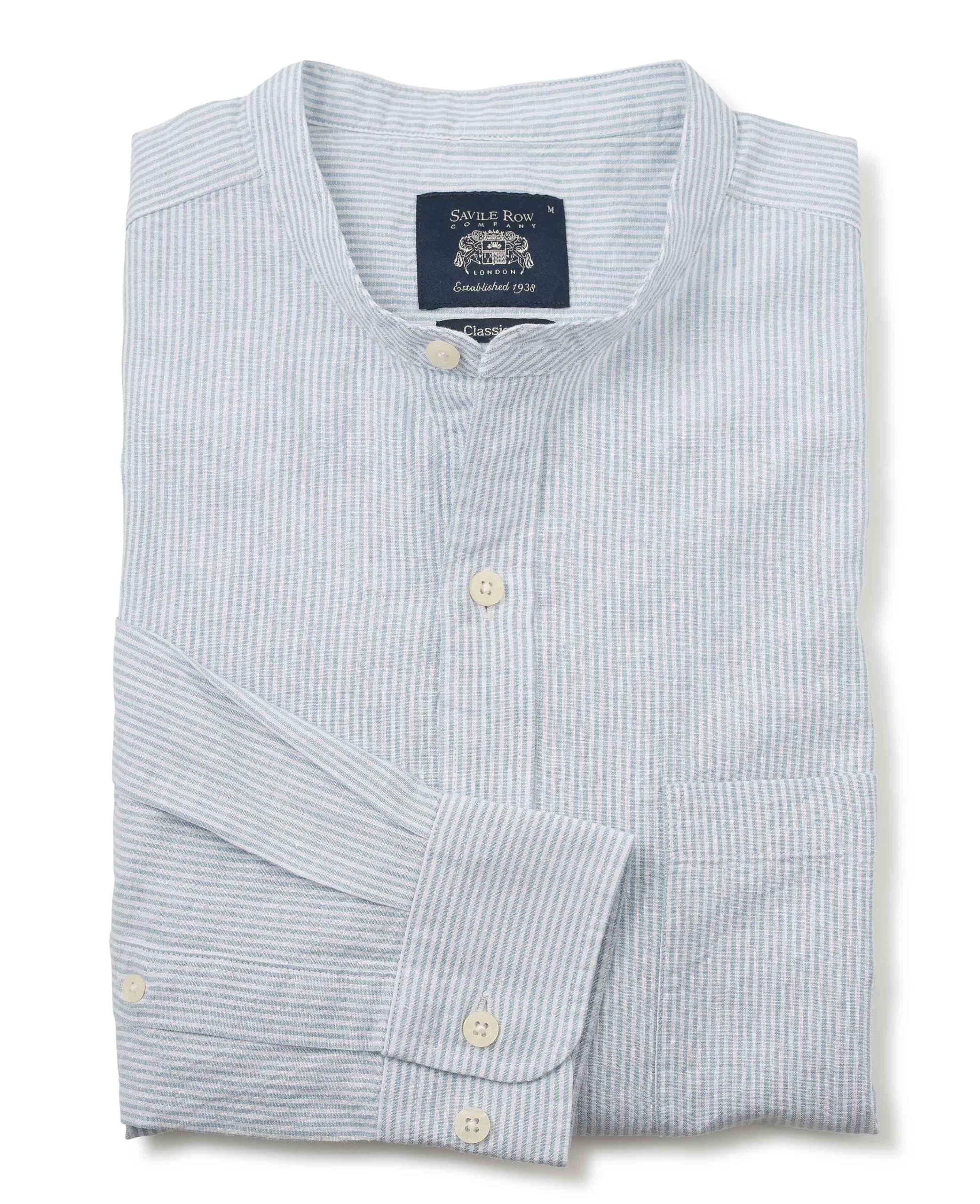 The Savile Row Company London Men's Blue Stripe Linen-Cotton Blend Long Sleeve Grandad Collar Shirt - Xl