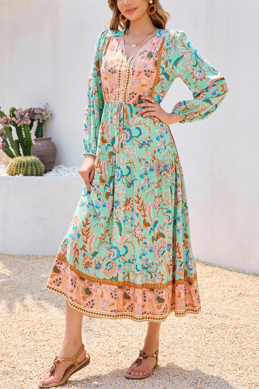 R.Vivimos Women's Long Sleeve Cotton V-Neck Button Up Floral Print Boho Flowy Midi Dresses - Image 2