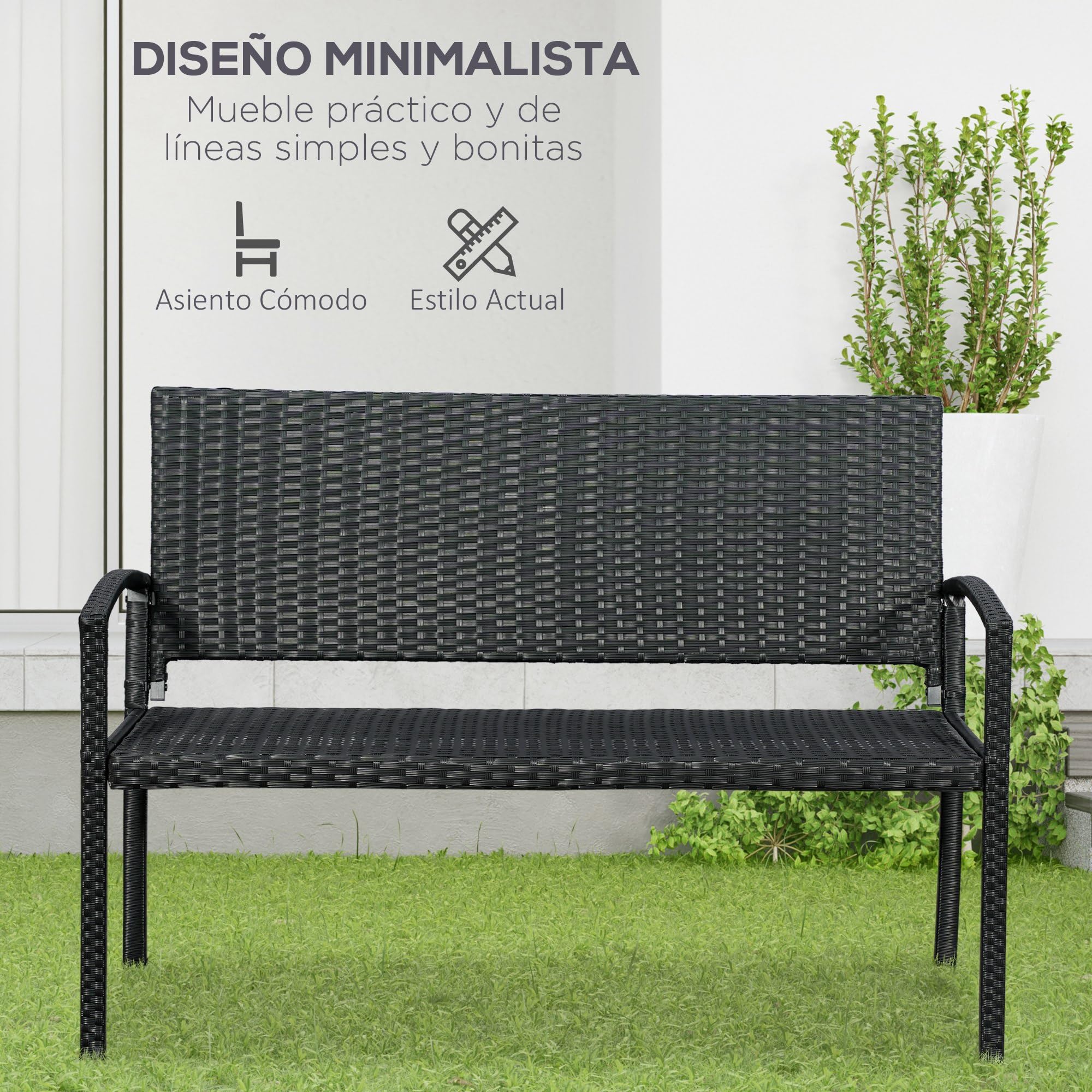 Outsunny Banco Jardín Lounge Silla 2 Plazas Muebles para Jardín Exterior Terraza 2 Plazas Ratán Sintético Carga 240kg 122x60x85 cm Marco Acero