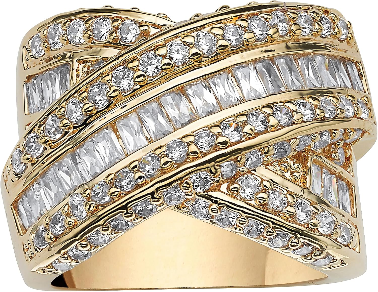 Palm Beach Jewelry PalmBeach Yellow Gold-Plated Baguette Cubic Zirconia Crossover Ring Sizes 6-10