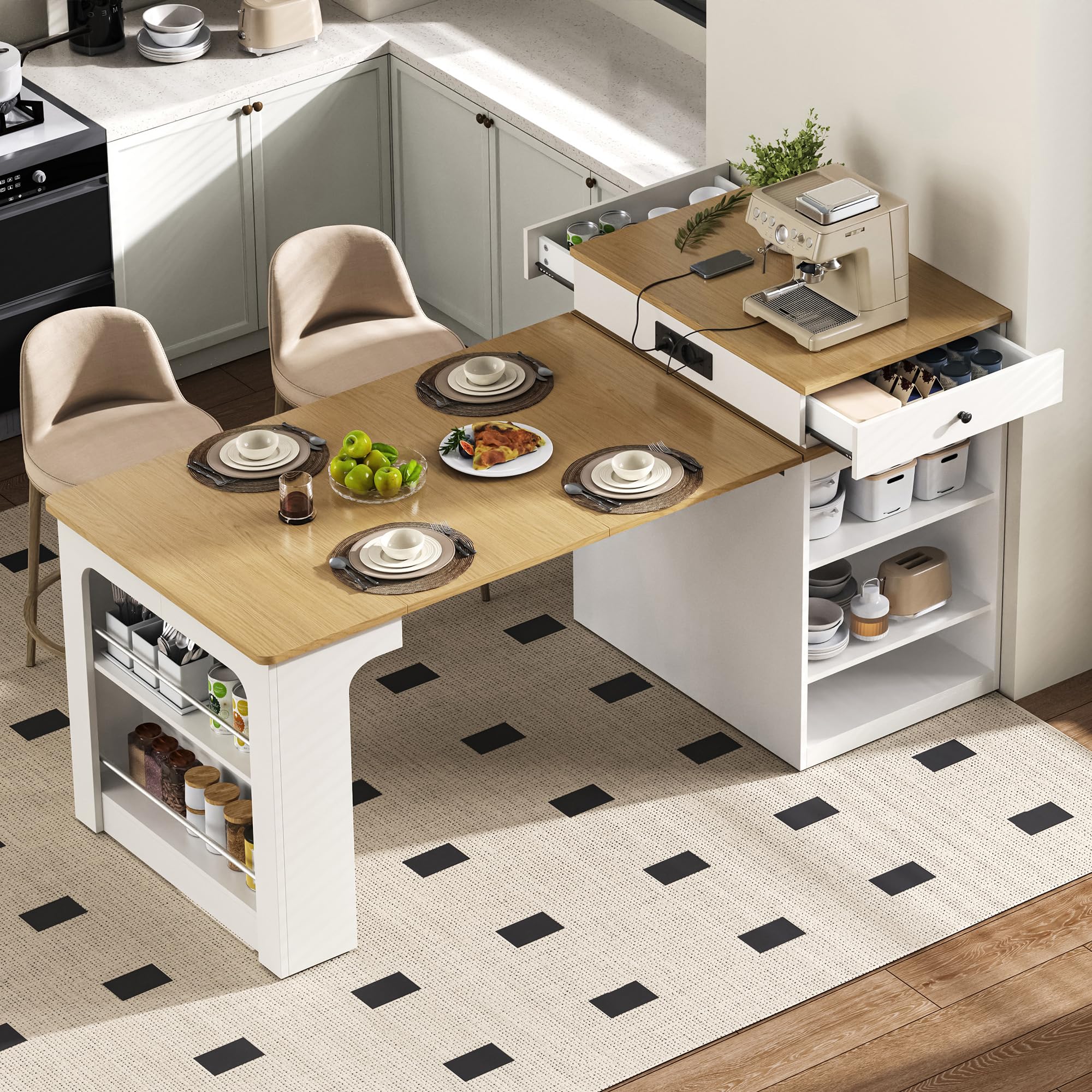 Isola della cucina con ruote, tavolo da pranzo allungabile con tavolo rimovibile, tavolo da bar con ciabattine, funge da isola da cucina, credenza o tavolo da bar per cucina e sala da pranzo (bianco)