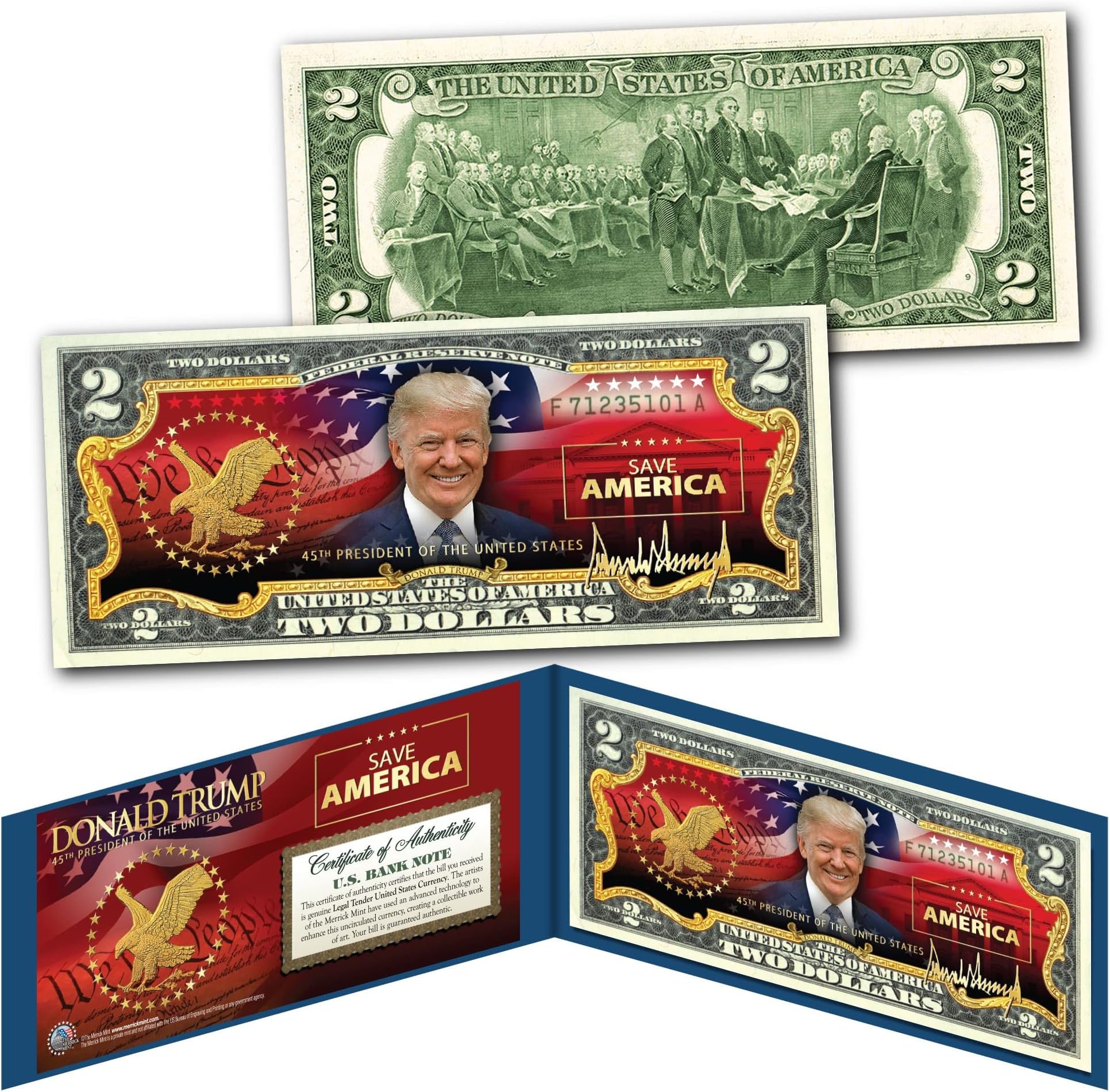 Donald Trump 45th President Save America Official Uncirculated Two Dollar Bill Special Edition Collectible Display Holder and Certificate