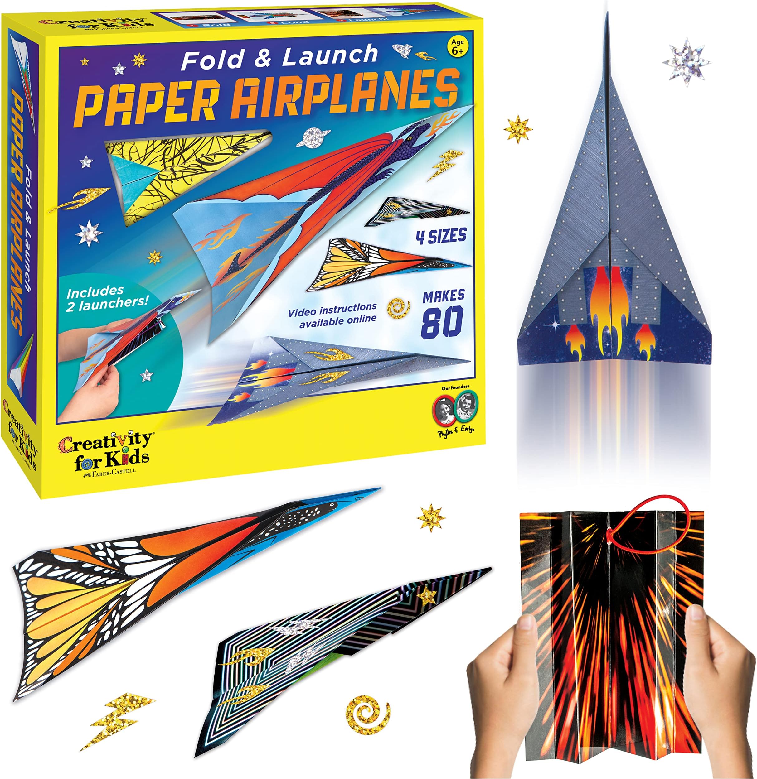 Creativity for Kids Fold and Launch Paper Airplanes - Create 80 Paper Planes, 2 Airplane Launchers, Crafts for Kids Age 6-8+
