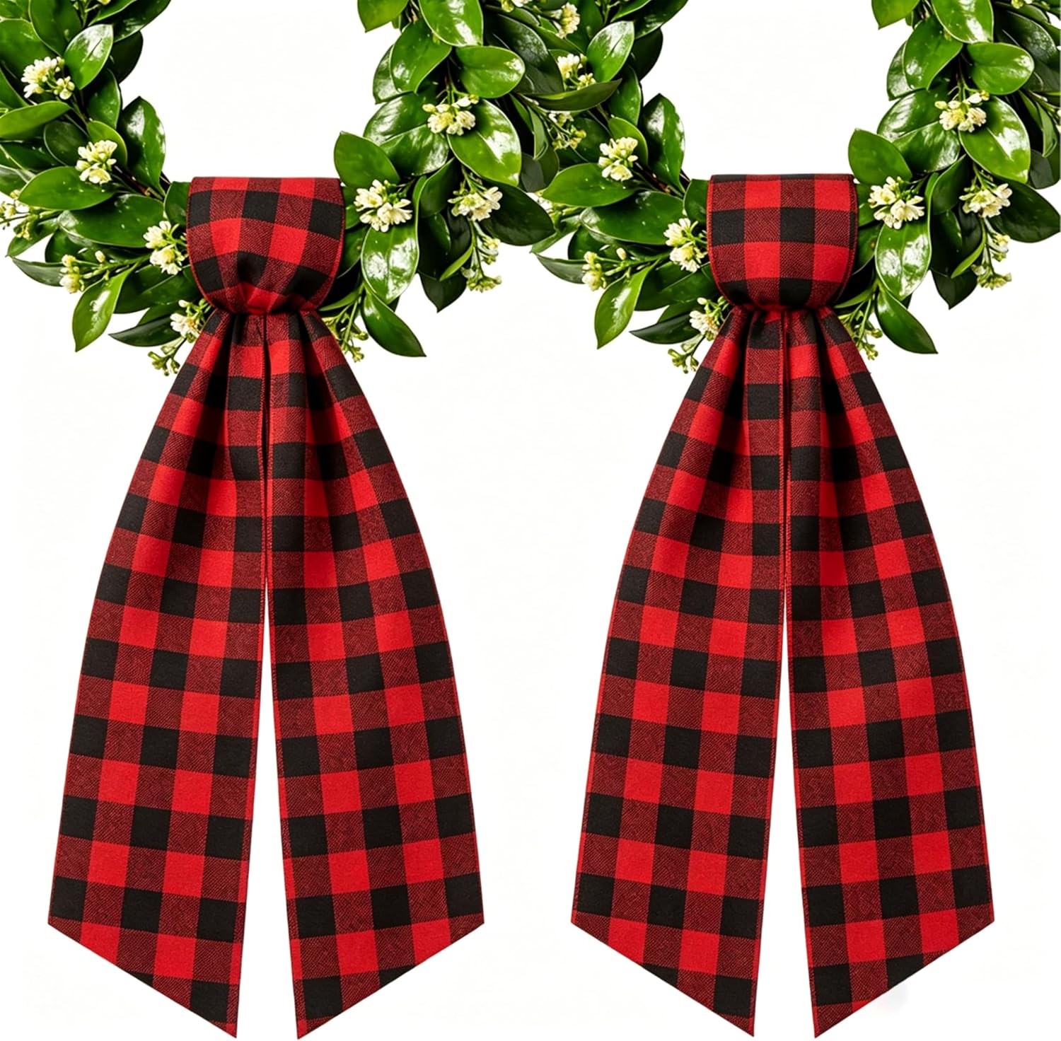 2 Packs Buffalo Wreath Sash for Boxwood Front Door Garland Porch Decor Vintage Ribbon Accessories for Yard Doorway Holiday Christmas Indoor Outdoor Bow Home Decor 5''x 61''(Red and Black Plaid)