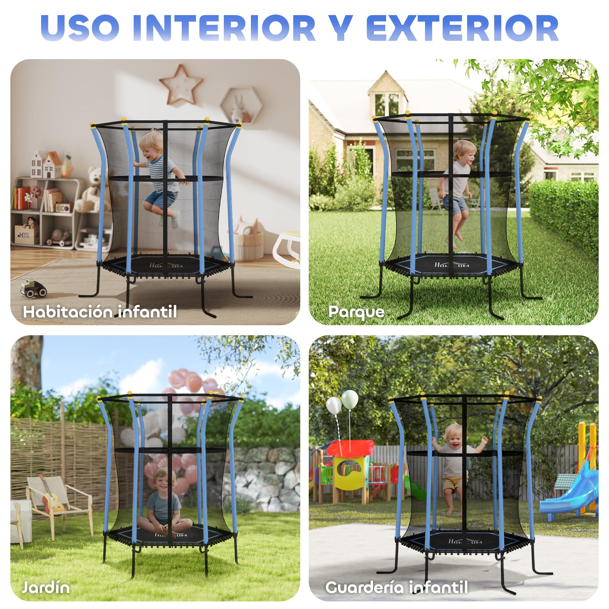 HOMCOM Cama Elástica Infantil de Jardín 122x111x190 cm Trampolín para Niños de +3 Años con Red de Seguridad Marco de Acero y sin Muelles para Interior Exterior Carga 50 kg