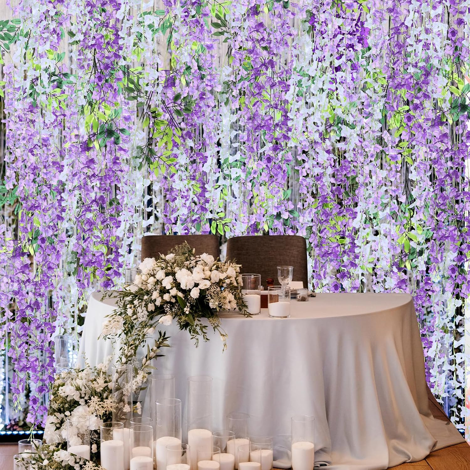 72 Pcs Wisteria Hanging Flowers 3.5 ft Artificial Wisteria Garland Purple & White Silk Fake Flower Vines for Background Decor Home Garden Party Wedding Arch Bedroom Hall Indoor Outdoor