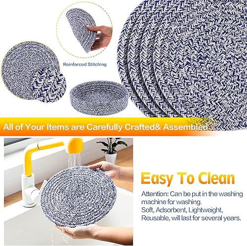 Miniatura 5 de Juego de salvamanteles para ollas, 4 soportes para ollas de 7 pulgadas 100% algodón tejido y 1 paquete de cesta de almacenamiento tejida de cocina,