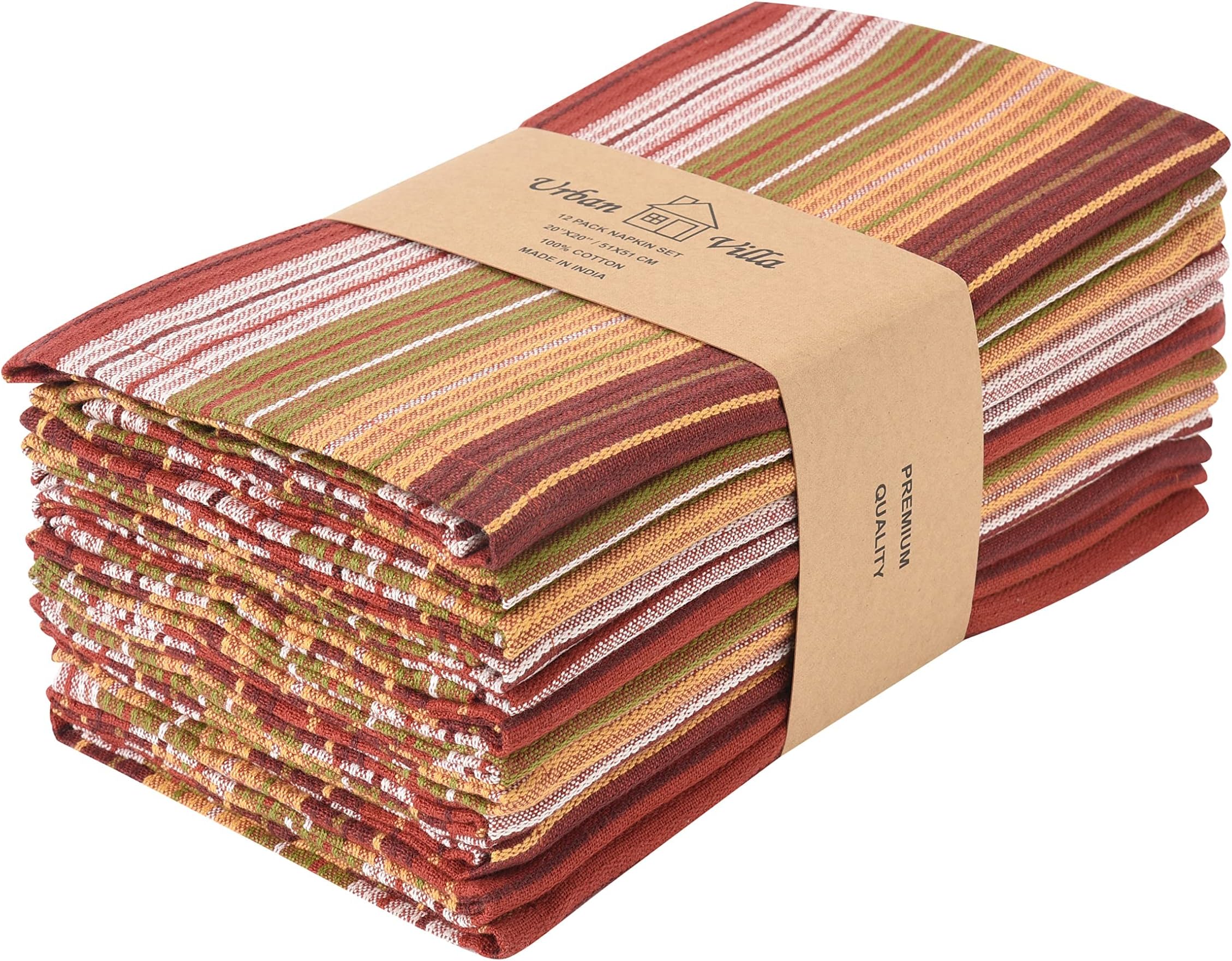 Urban VillaCuisine Stripes Set of 12 Dinner Napkins (20X20 Inches) 100% Cotton Premium Over Sized Cloth Napkins with Mitered Corners Ultra Soft Durable Hotel Quality (Harvest Multi Dobby)