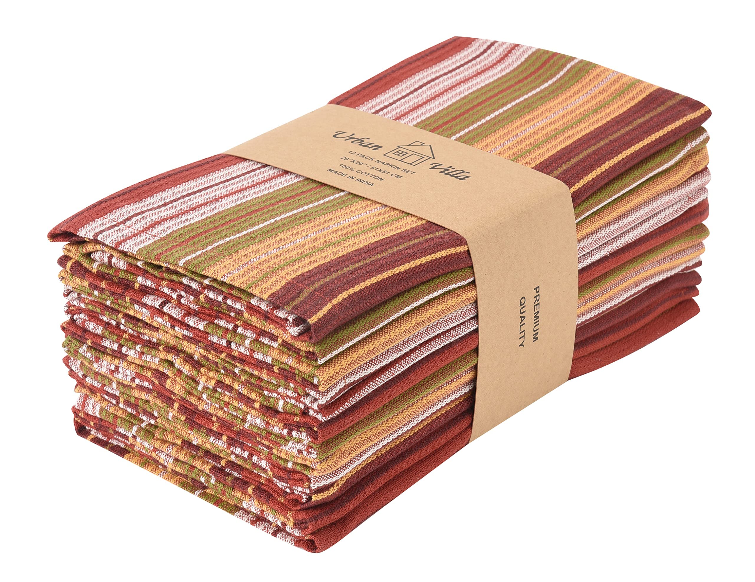 Urban VillaCuisine Stripes Set of 12 Dinner Napkins (20X20 Inches) 100% Cotton Premium Over Sized Cloth Napkins with Mitered Corners Ultra Soft Durable Hotel Quality (Harvest Multi Dobby)