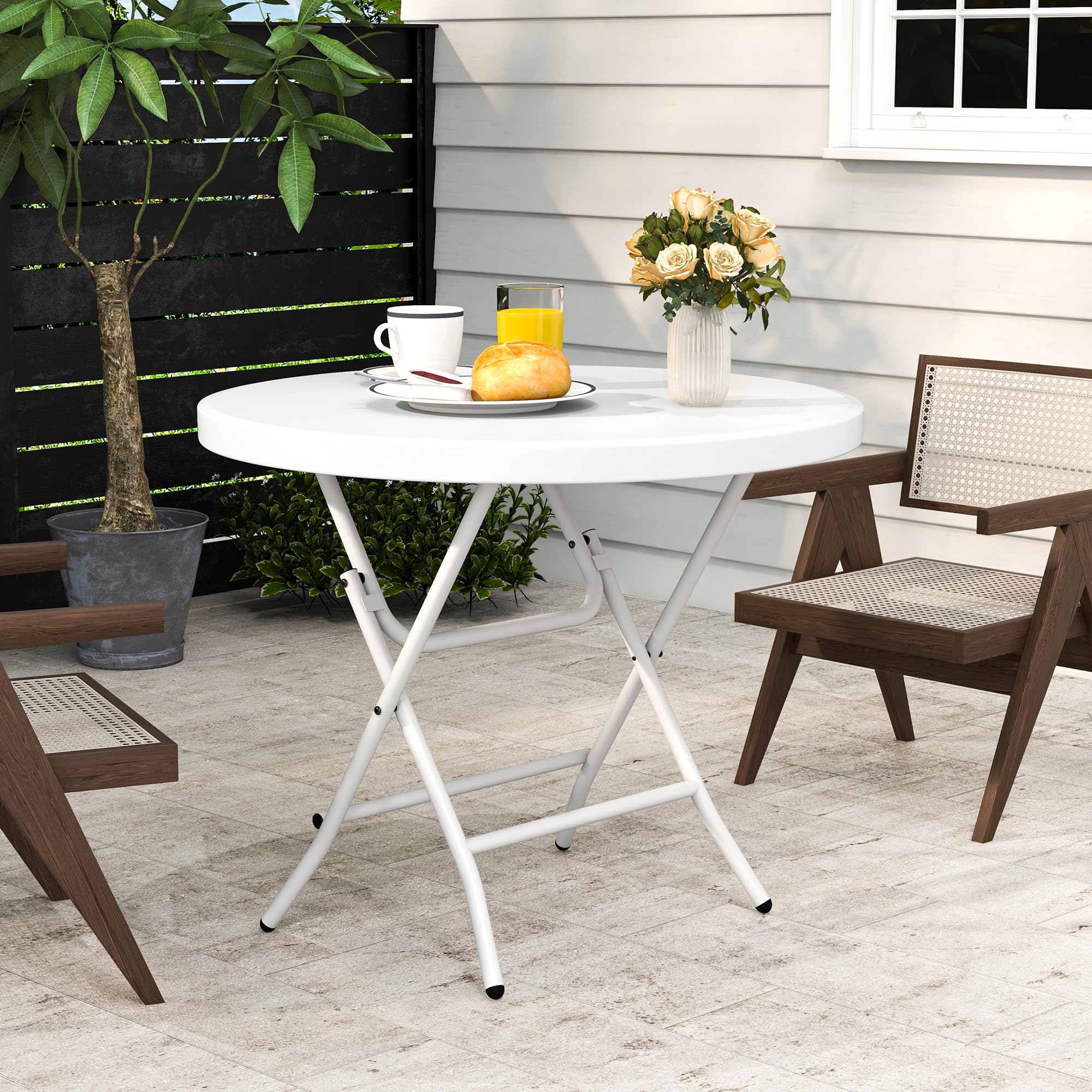 DWVO 80cm Round Folding Table, Waterproof Outdoor Patio Dining Table, White